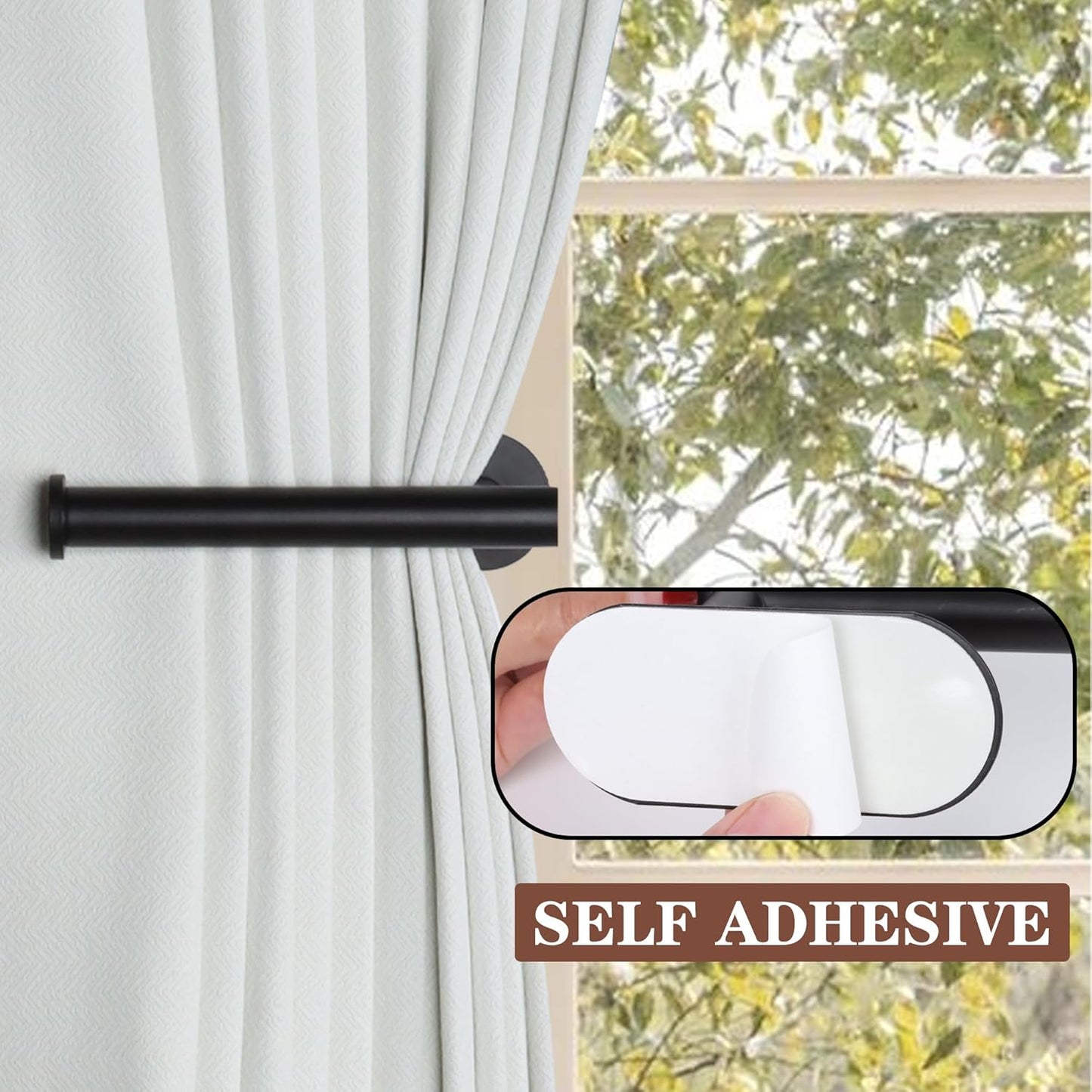 2 Pack Adhesive Curtain Holdbacks - No Drill Curtain Tie Backs & Pull Backs Curtain Holders for Drapes (2, Black)