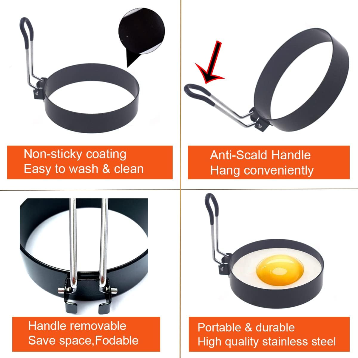 Egg Ring, 4 Packs Upgrade Large 4" Stainless Steel Non-stick Rings for Griddle Frying, Round Cooker for Pancakes, Muffins With Oil Brush and Separator