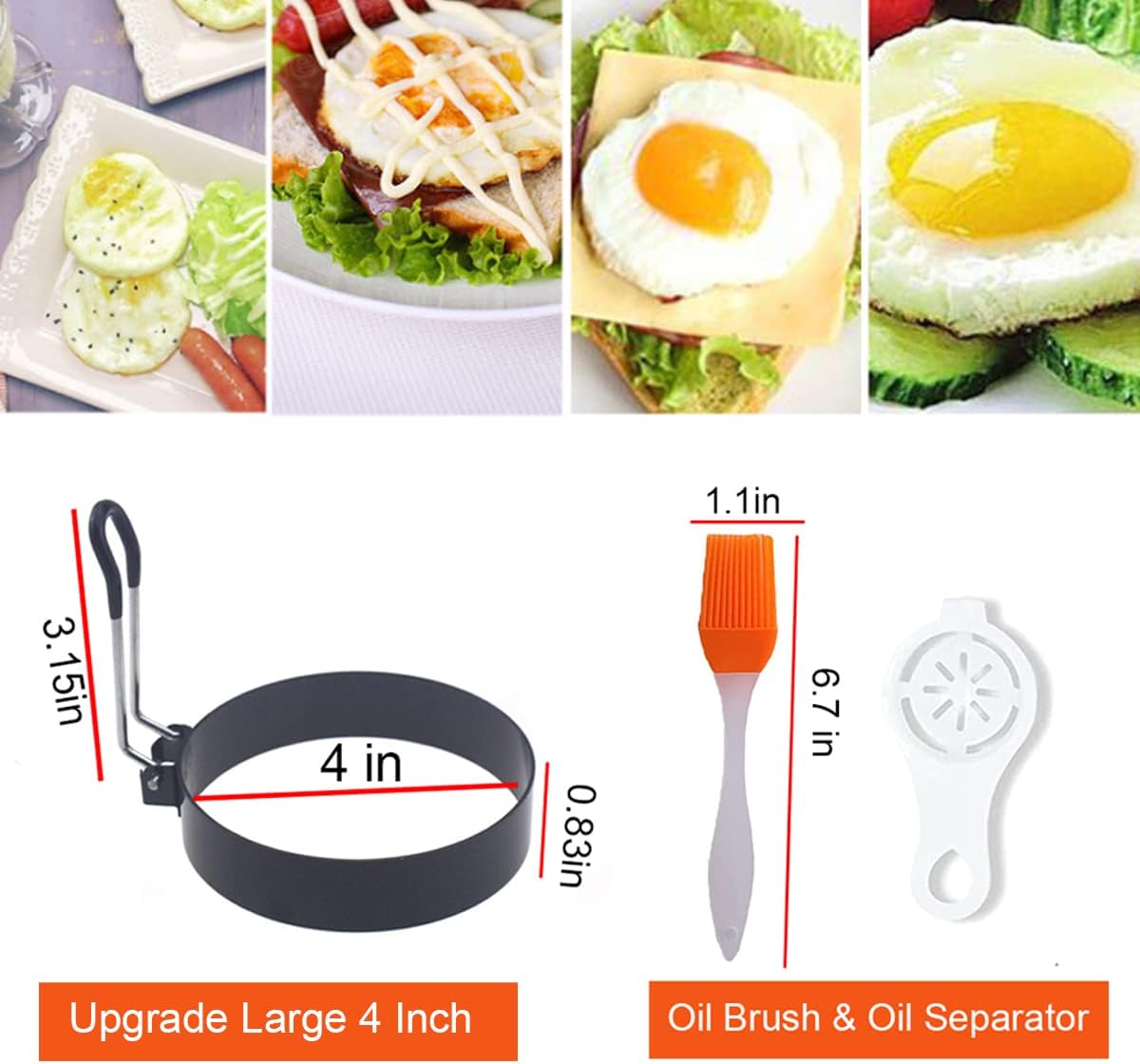Egg Ring, 4 Packs Upgrade Large 4" Stainless Steel Non-stick Rings for Griddle Frying, Round Cooker for Pancakes, Muffins With Oil Brush and Separator