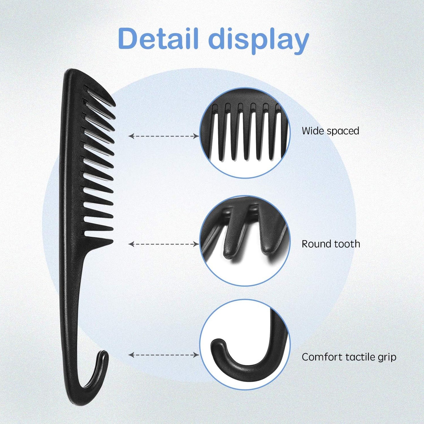 Wide Tooth Comb Shower Comb With Hook, Good for Curly Hair Wet Dry, Premium Tangle Free Combs Black.