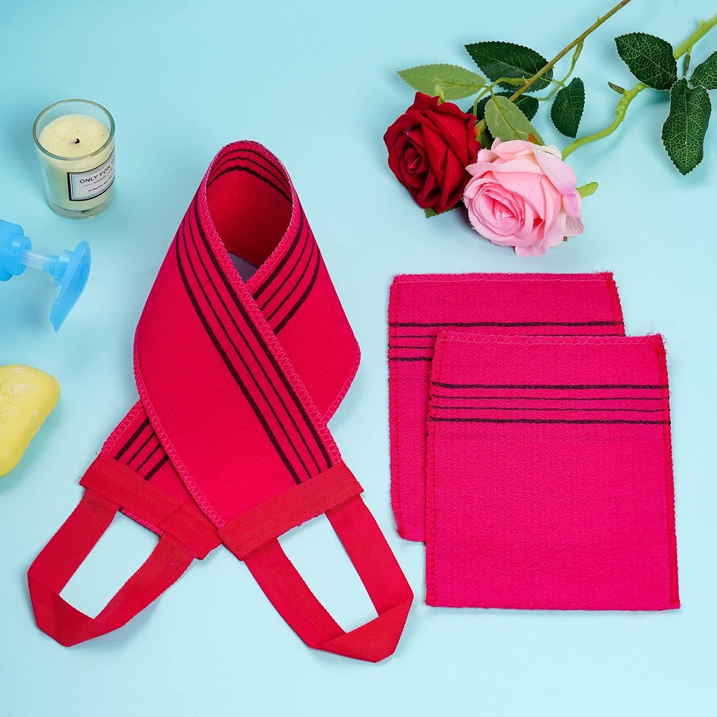 6 Pieces Korean Exfoliating Mitts and Washcloth Set, Asian Exfoliating Bath Washcloth and Korean Long Towels Back Scrubber for Women Men Shower Washing