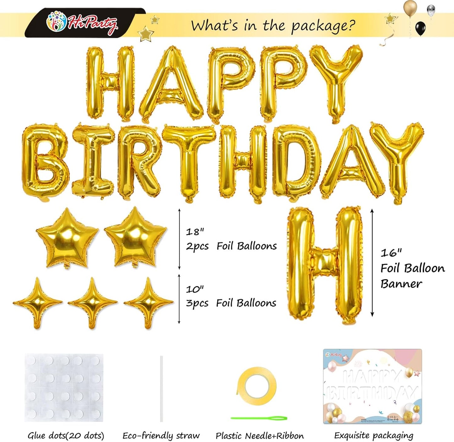23pcs Birthday Balloons Banner, 3D Gold Premium Mylar Foil Ecofriendly Letter Happy Birthday Banner with 5pcs Star Balloons Kits for Kids Girls Boys Men Adults Birthday Party Decorations US7GD