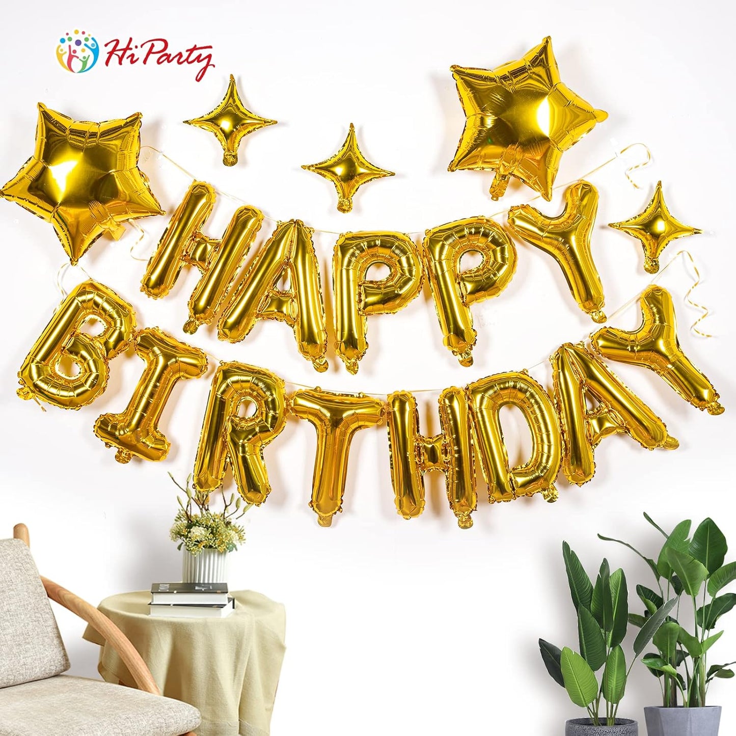 23pcs Birthday Balloons Banner, 3D Gold Premium Mylar Foil Ecofriendly Letter Happy Birthday Banner with 5pcs Star Balloons Kits for Kids Girls Boys Men Adults Birthday Party Decorations US7GD
