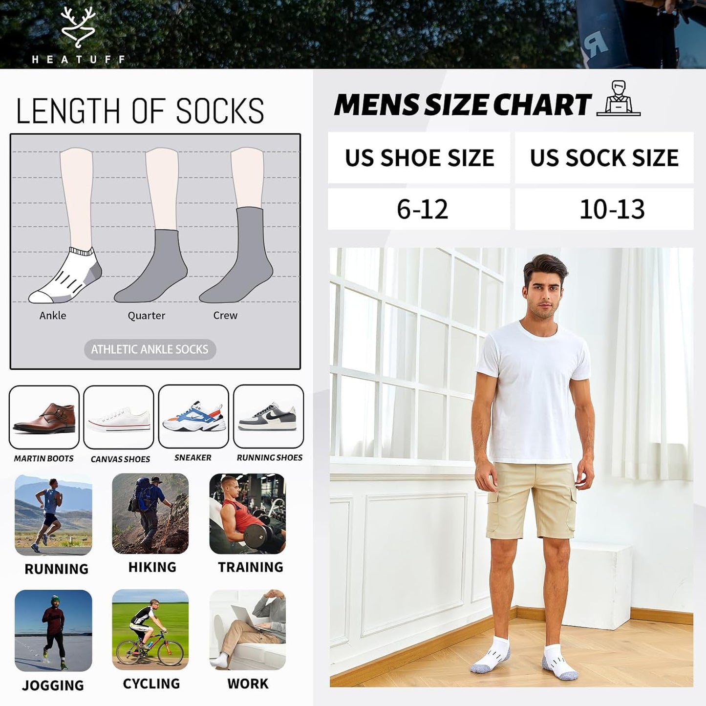 Men's Athletic Ankle Socks Moisture Wicking Cushion Sports Running Low Cut Sock (8 Pairs)