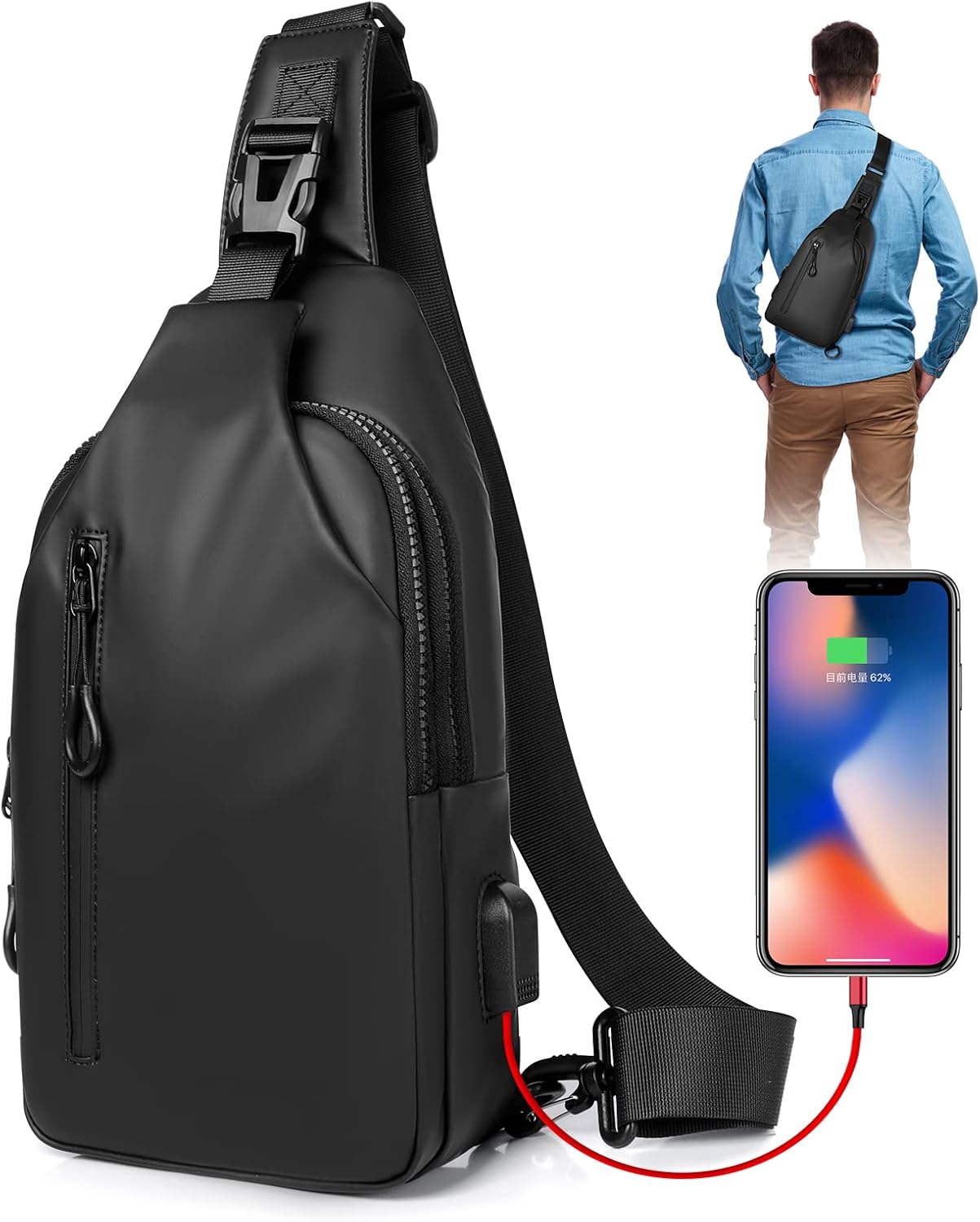 Small Crossbody Sling Backpack  Casual Chest Daypack with USB Charger Port Waterproof Outdoor Chest Sling Bag Shoulder Chest Bag Daypack for Women & Men Perfect for Traveling Hiking Cycling