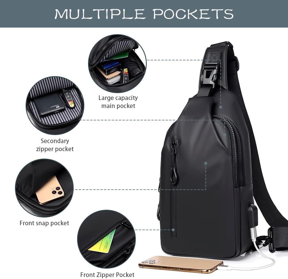 Small Crossbody Sling Backpack  Casual Chest Daypack with USB Charger Port Waterproof Outdoor Chest Sling Bag Shoulder Chest Bag Daypack for Women & Men Perfect for Traveling Hiking Cycling