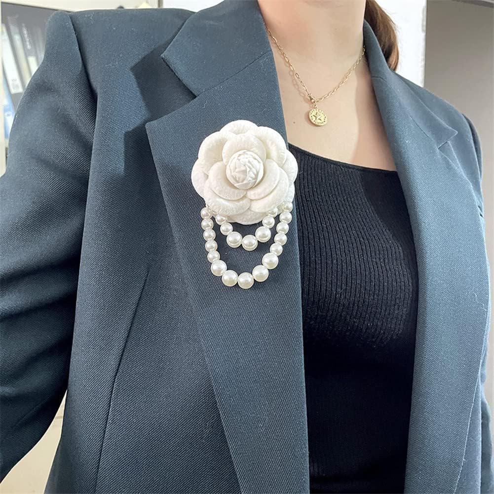 Fabric Camellia Flower Brooch Pins Pearl Tassel Corsage Jewelry Brooches for Women Shirt Collar Clothing Accessories Party Wedding Gifts, Alloy Steel, no gemstone