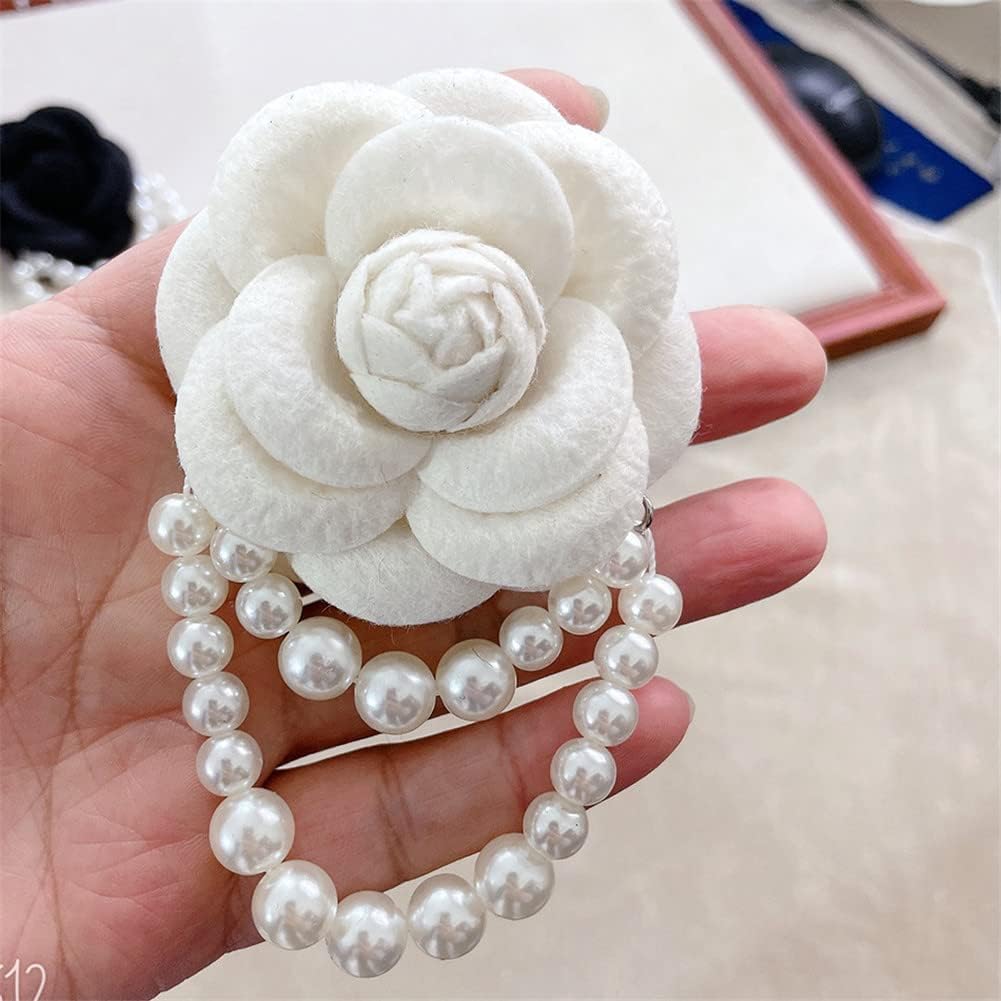 Fabric Camellia Flower Brooch Pins Pearl Tassel Corsage Jewelry Brooches for Women Shirt Collar Clothing Accessories Party Wedding Gifts, Alloy Steel, no gemstone
