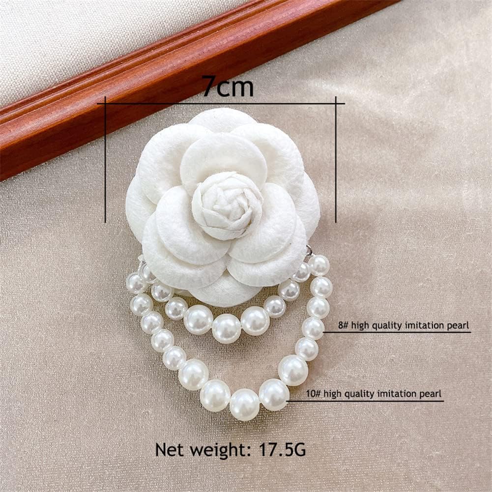 Fabric Camellia Flower Brooch Pins Pearl Tassel Corsage Jewelry Brooches for Women Shirt Collar Clothing Accessories Party Wedding Gifts, Alloy Steel, no gemstone