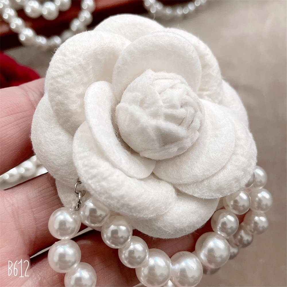 Fabric Camellia Flower Brooch Pins Pearl Tassel Corsage Jewelry Brooches for Women Shirt Collar Clothing Accessories Party Wedding Gifts, Alloy Steel, no gemstone