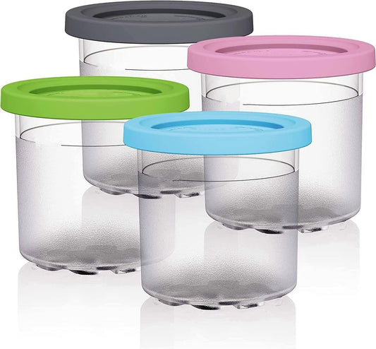 Pints 4 Pack, Compatible with NC299AMZ & NC300s Series Creami Ice Cream Makers, BPA-Free & Dishwasher Safe, Color Lids, 1, Clear/Grey/Lime/Pink/Acqua