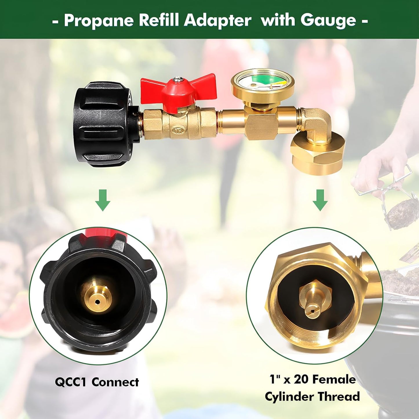 Propane Refill Adapter 20lb to 1lb Camping, 90 Degree Upgrade Propane Tank Adapter 20lb to 1lb Converter with Gauge and Control Valve for Propane Heater Grill Stove, 4 Caps Included,Solid Brass