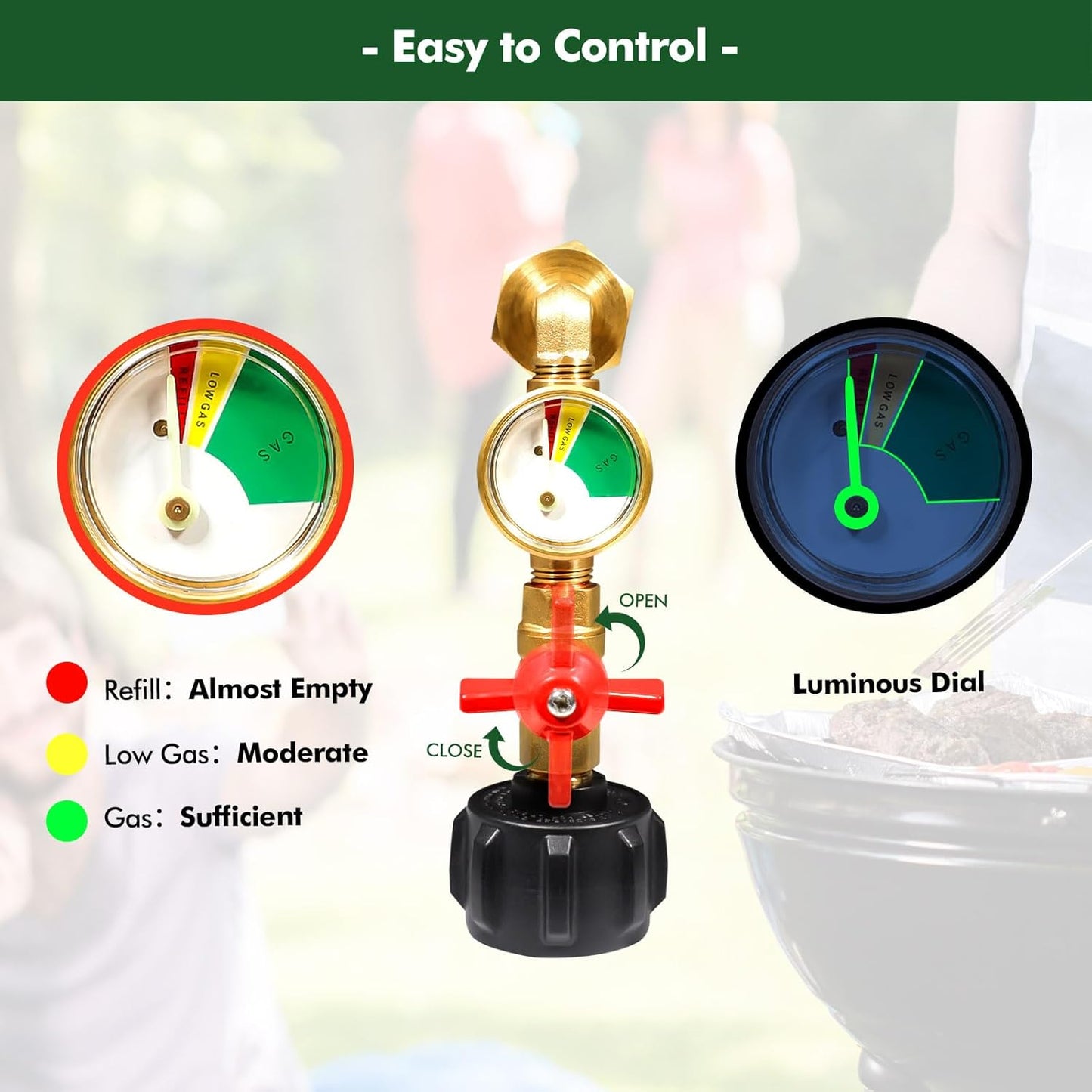 Propane Refill Adapter 20lb to 1lb Camping, 90 Degree Upgrade Propane Tank Adapter 20lb to 1lb Converter with Gauge and Control Valve for Propane Heater Grill Stove, 4 Caps Included,Solid Brass