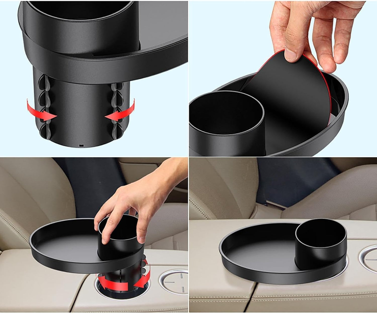 Car Seat Snack Tray, Portable Cup Holder Plate, Toddler Car Seat Cup Holder Food Tray with Expandable Base, Cup Holder Tray for Car Seats, 360° Rotatable Car Seat Tray for Kids Travel black