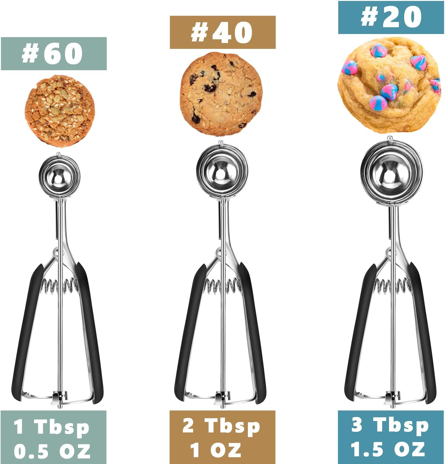 Cookie Scoop Set - Include 1 Tbsp/ 2 Tbsp/ 3Tbsp - 3 PCS Cookie Scoops for Baking - Cookie Dough Scoop - Made of 18/8 Stainless Steel