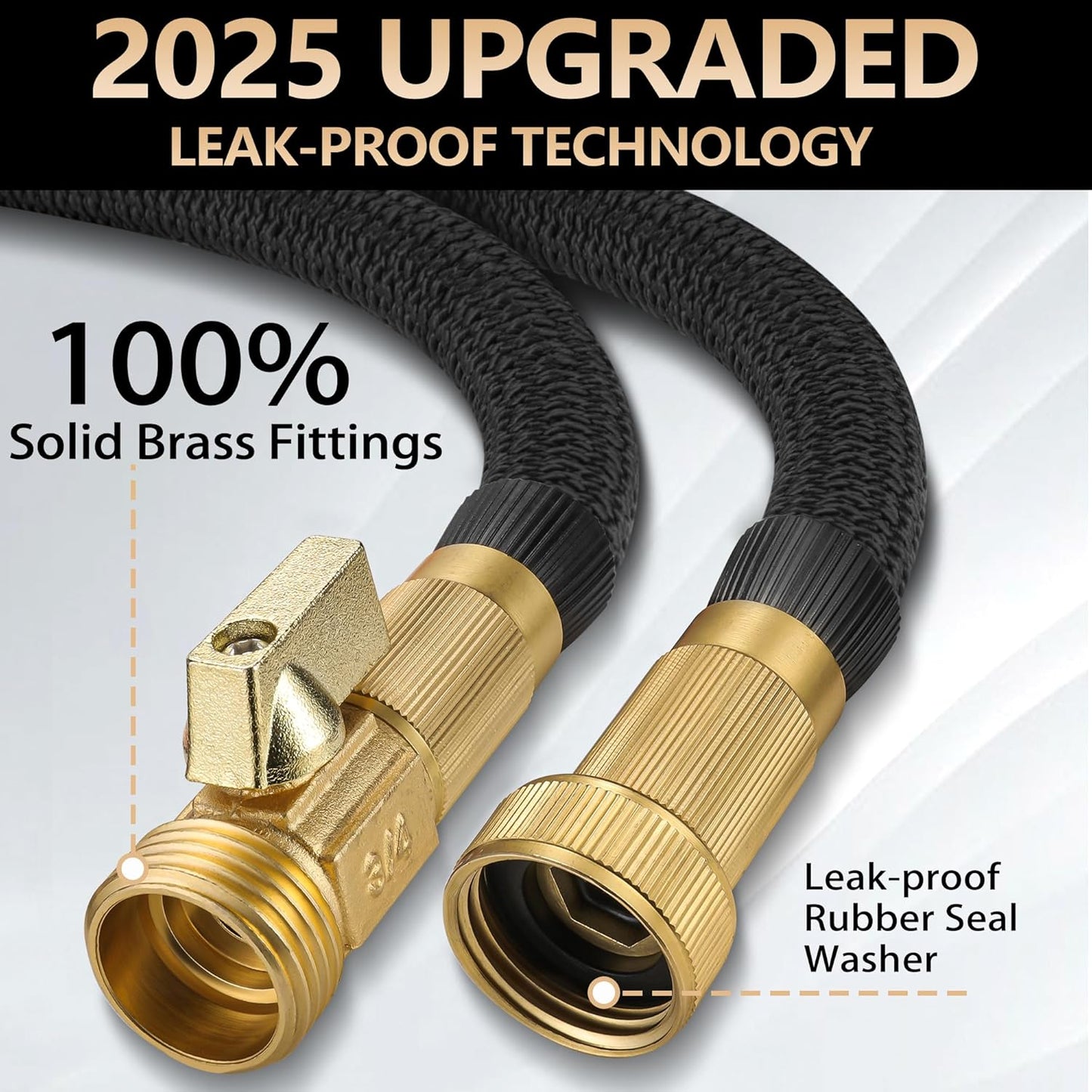 75 FT Garden Hose – 2025 Upgarded Expandable Garden Hose w/10 Pattern Spray Nozzle, 650psi Pure Brass 3/4” Fittings – Lightweight, Durable, and Kink-Free, Retractable Water Hoses for Gardening(Black)