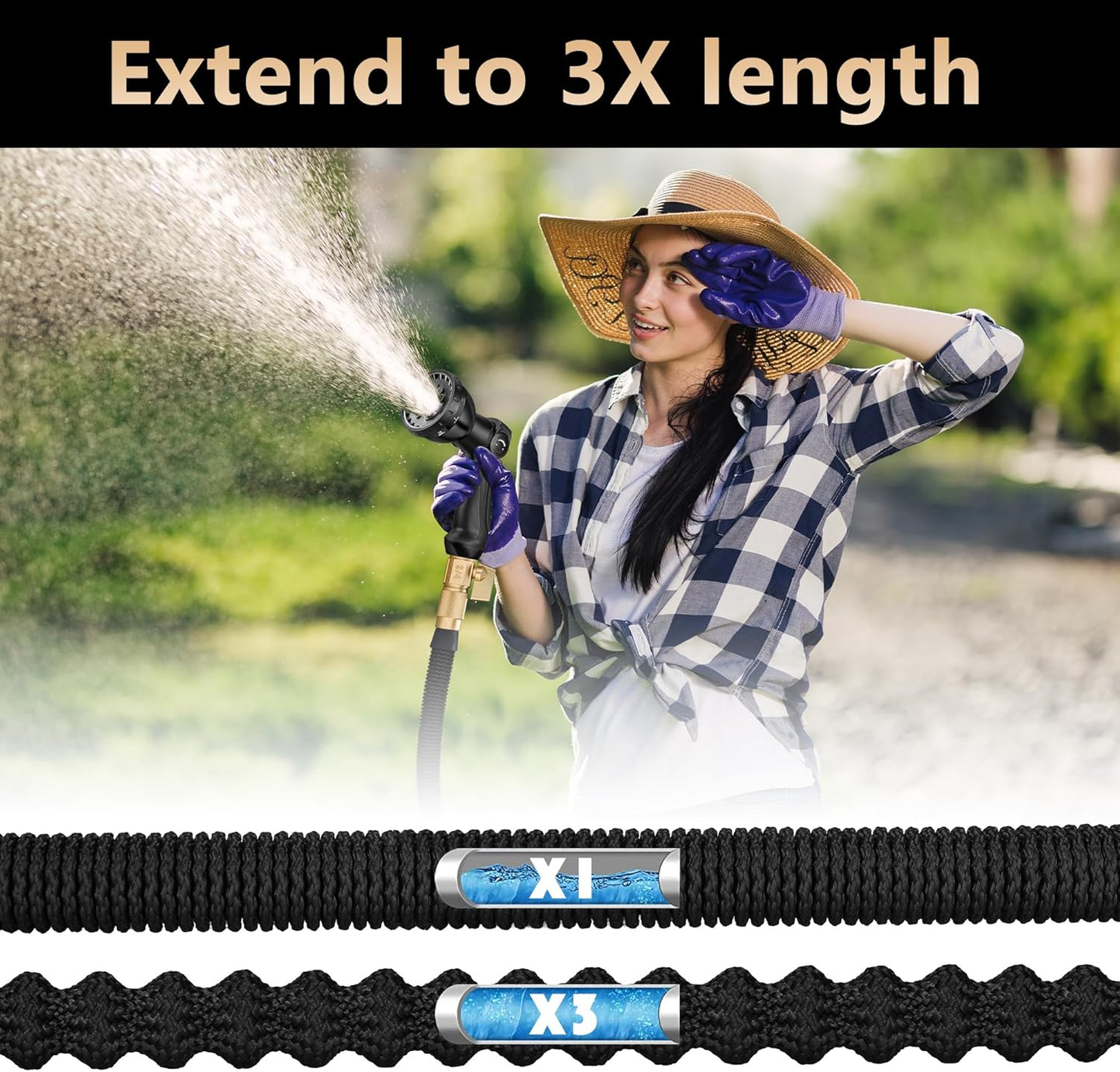 75 FT Garden Hose – 2025 Upgarded Expandable Garden Hose w/10 Pattern Spray Nozzle, 650psi Pure Brass 3/4” Fittings – Lightweight, Durable, and Kink-Free, Retractable Water Hoses for Gardening(Black)