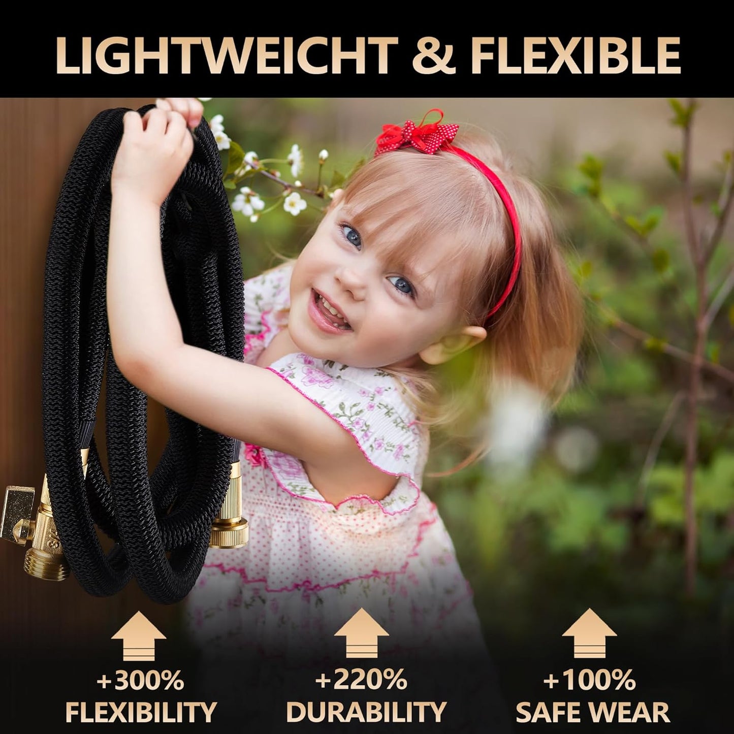 75 FT Garden Hose – 2025 Upgarded Expandable Garden Hose w/10 Pattern Spray Nozzle, 650psi Pure Brass 3/4” Fittings – Lightweight, Durable, and Kink-Free, Retractable Water Hoses for Gardening(Black)