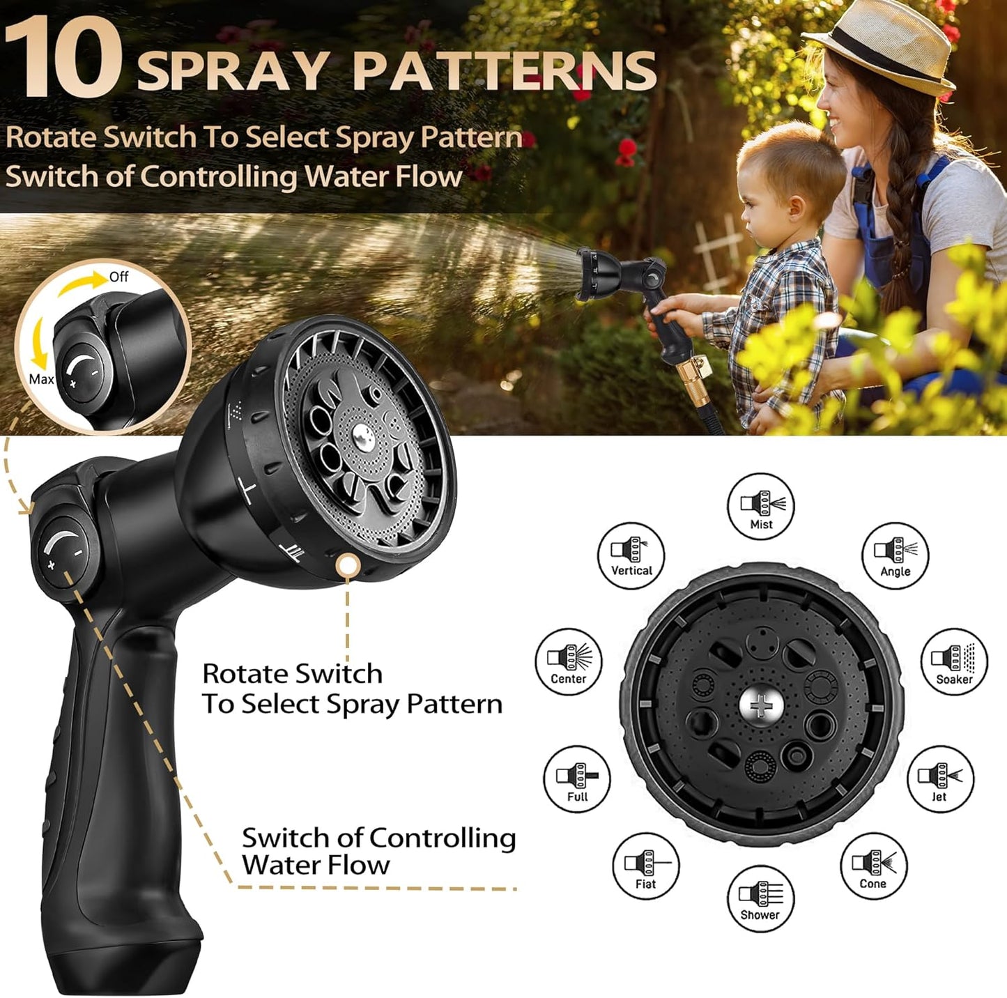 75 FT Garden Hose – 2025 Upgarded Expandable Garden Hose w/10 Pattern Spray Nozzle, 650psi Pure Brass 3/4” Fittings – Lightweight, Durable, and Kink-Free, Retractable Water Hoses for Gardening(Black)