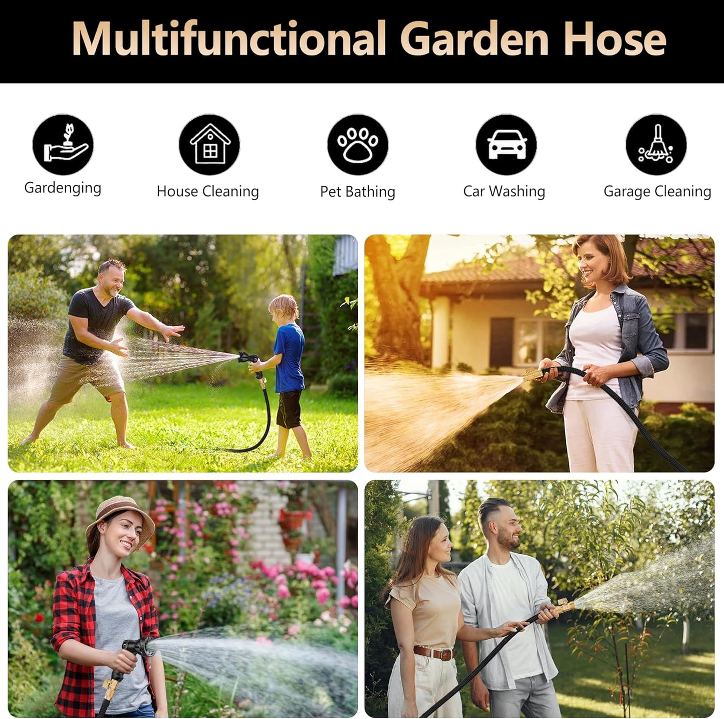 75 FT Garden Hose – 2025 Upgarded Expandable Garden Hose w/10 Pattern Spray Nozzle, 650psi Pure Brass 3/4” Fittings – Lightweight, Durable, and Kink-Free, Retractable Water Hoses for Gardening(Black)