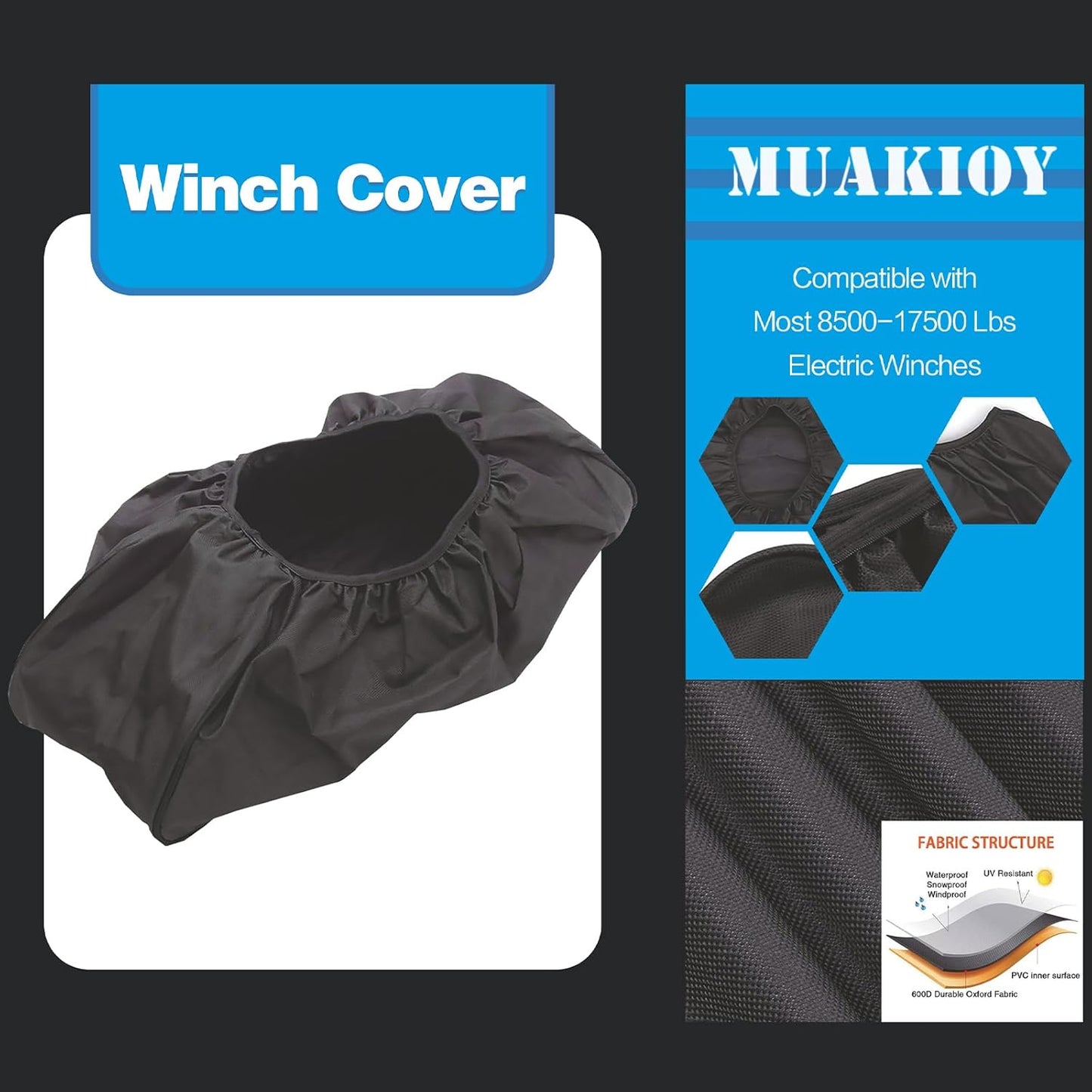 Winch Cover, Heavy Duty Waterproof Dust-Proof Winch Protection Cover, Ideal for Electric Winches 8500-17500 lbs, Indoor/Outdoor (21.5” x 9.5” x 7.5”) - Black