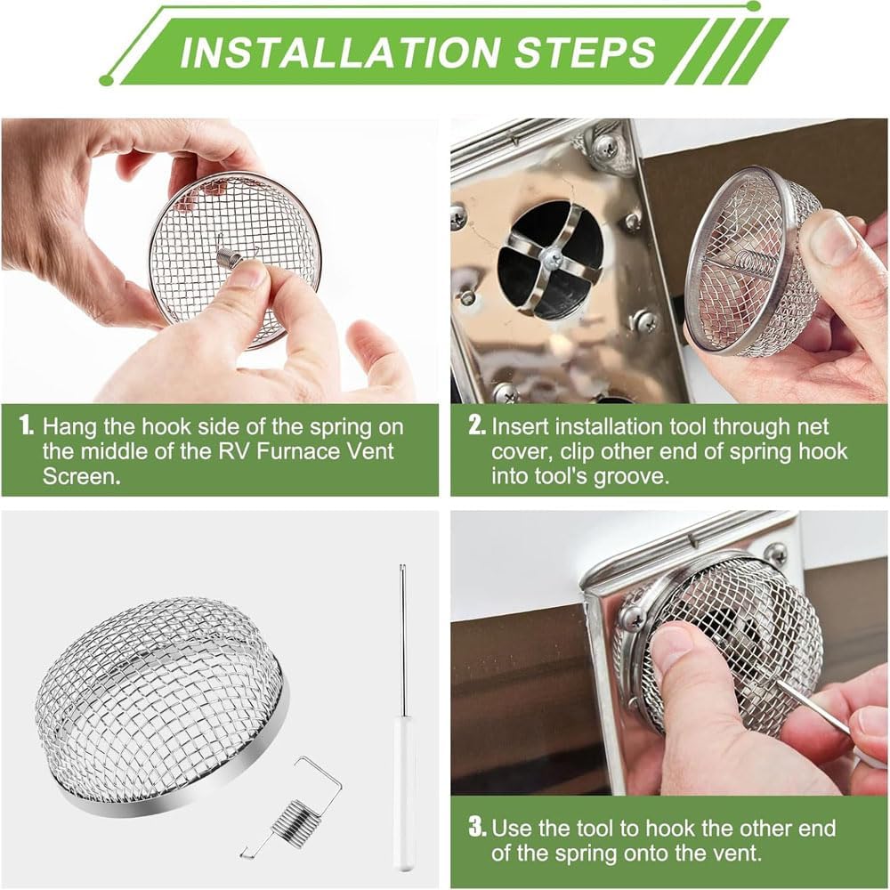 RV Furnace Vent Insect Screen Cover 2 Pack with Installation Tool, Durable Mesh RV Flying Insect Screen for Campers and Trailers, Easy Fit, Rust Proof, Keeps Bugs Out