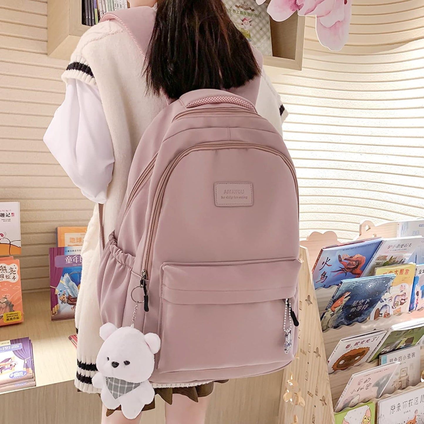 Female Lady High Capacity College Backpack Women Laptop School Bags Cute Girl Travel Book Bag Cool,Black,with Bear Doll