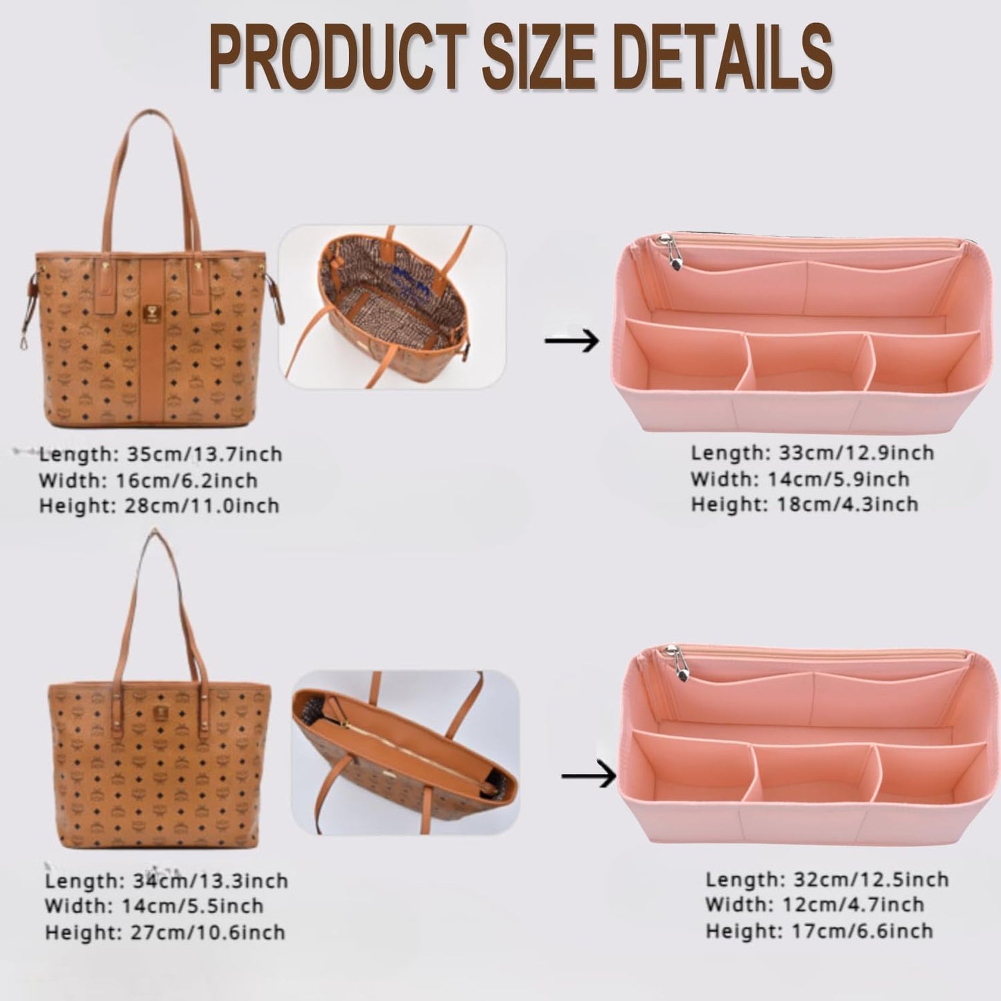 Organizer Insert for Tote Bag - Softened Felt Purse Insert With Storage Container, Makeup Organizer, Inner Rubber Liner for Speedy, Handbag, Beach Bag