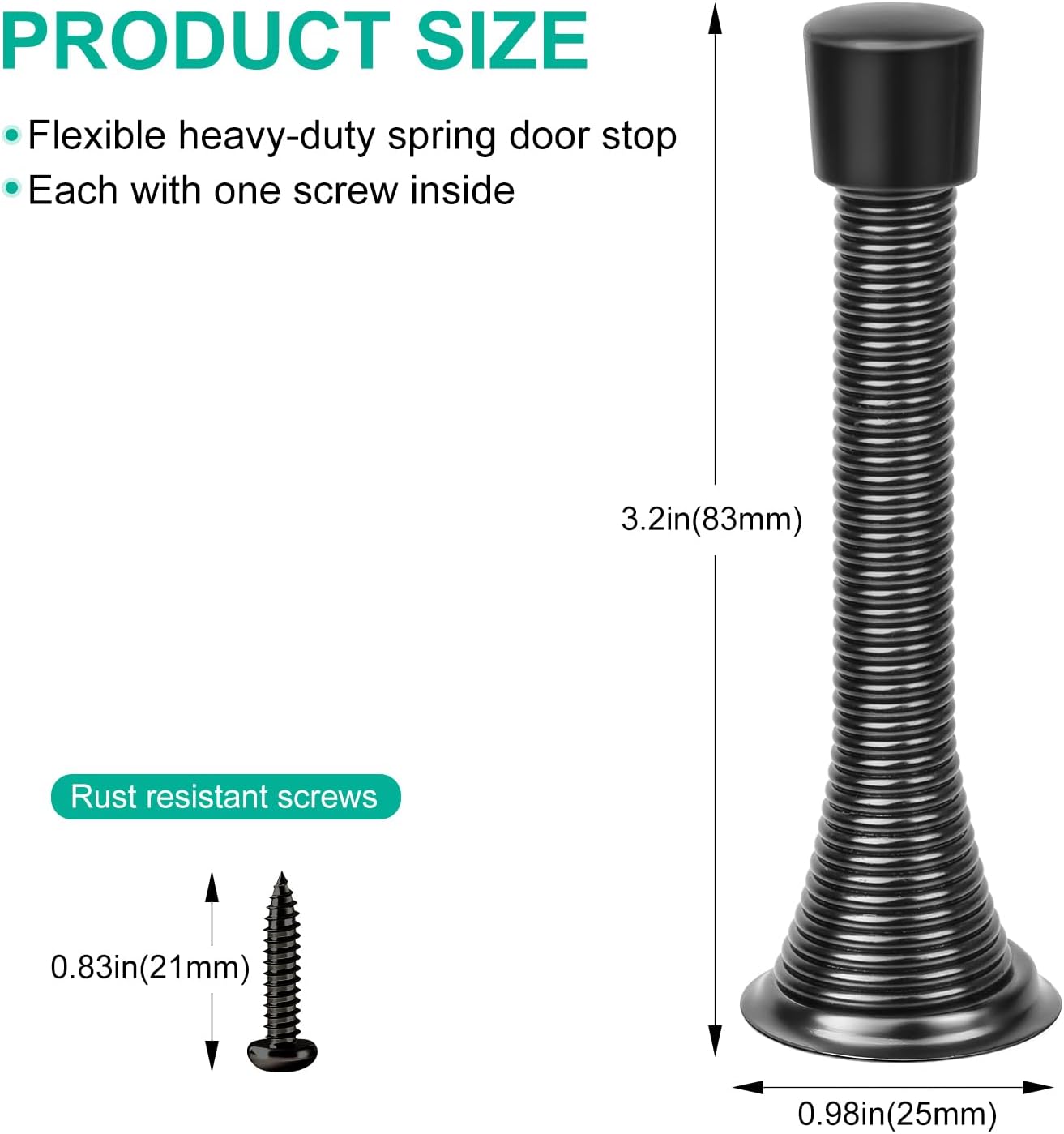 Black Spring Door Stopper, 6 Pack Heavy Duty Wall Mount Door Stoppes, Flexible Spring Door Stops Wall Protector with Rubber Bumper Tips