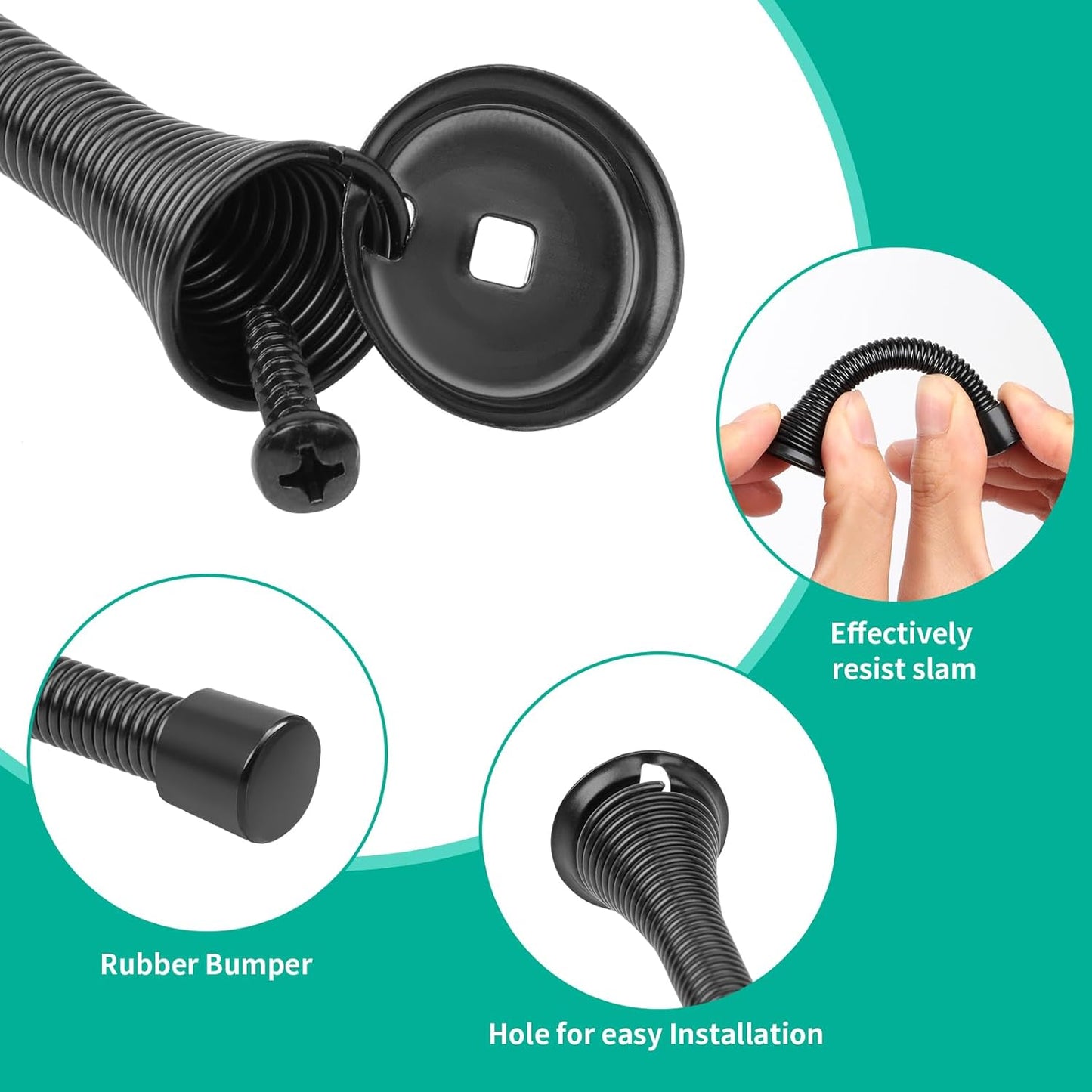 Black Spring Door Stopper, 6 Pack Heavy Duty Wall Mount Door Stoppes, Flexible Spring Door Stops Wall Protector with Rubber Bumper Tips