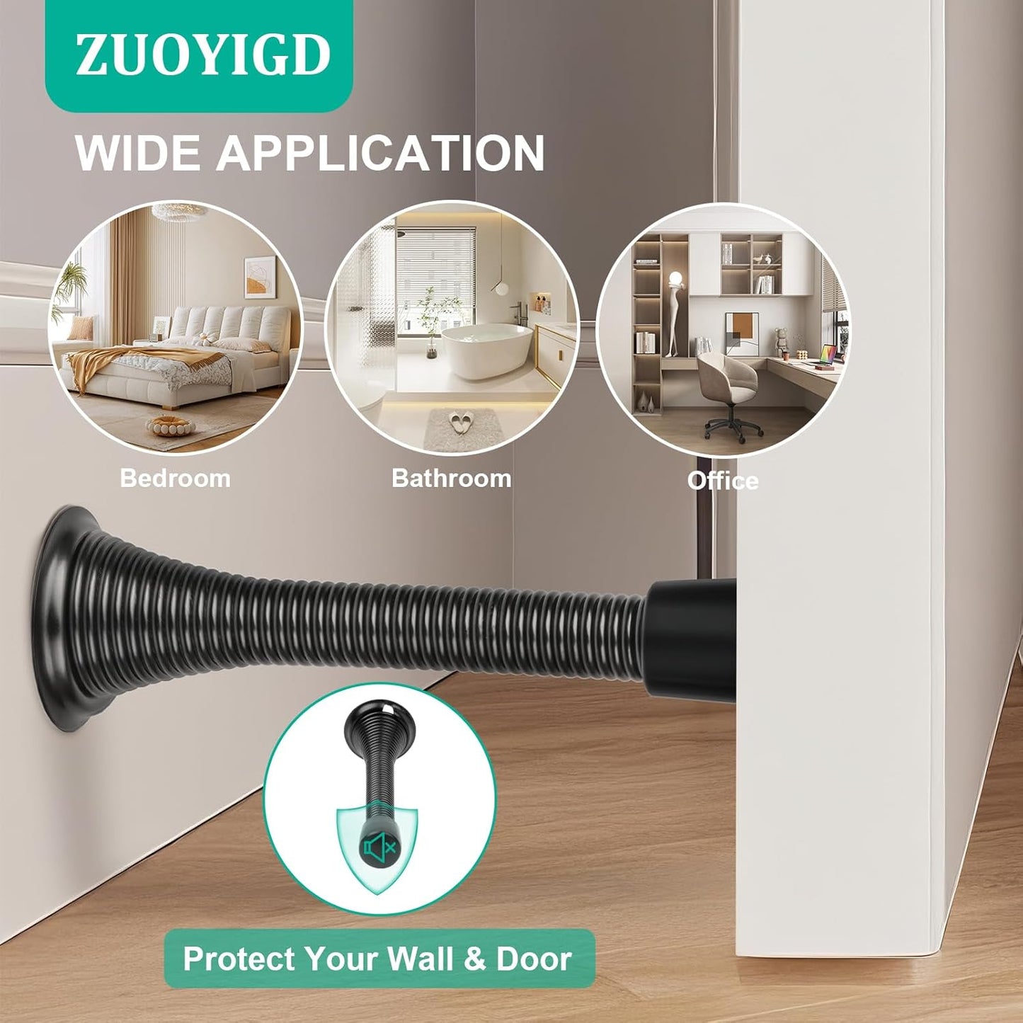 Black Spring Door Stopper, 6 Pack Heavy Duty Wall Mount Door Stoppes, Flexible Spring Door Stops Wall Protector with Rubber Bumper Tips