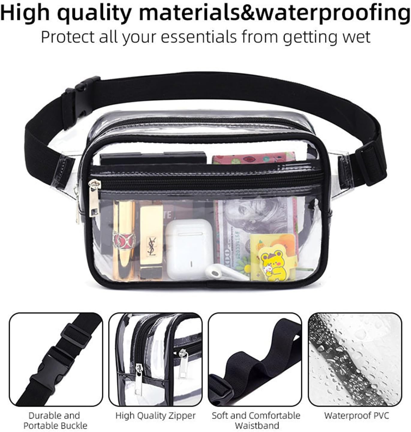 Clear Fanny Pack, PVC Transparent Stadium Bag, Waterproof Adjustable Strap Fanny Pack Crossbody