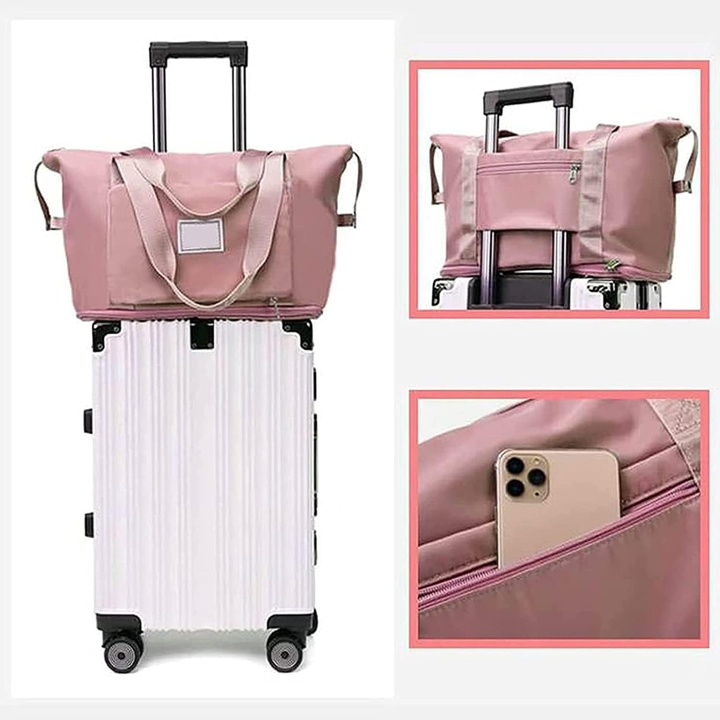 Foldable Travel Duffel Bag for Women, Large Capacity Folding Sports Gym Bag, Lightweight Waterproof Bag Holdall Tote Carry on Hand Luggage Overnight Weekender Bag Hospital Bag for Men Women (Pink)