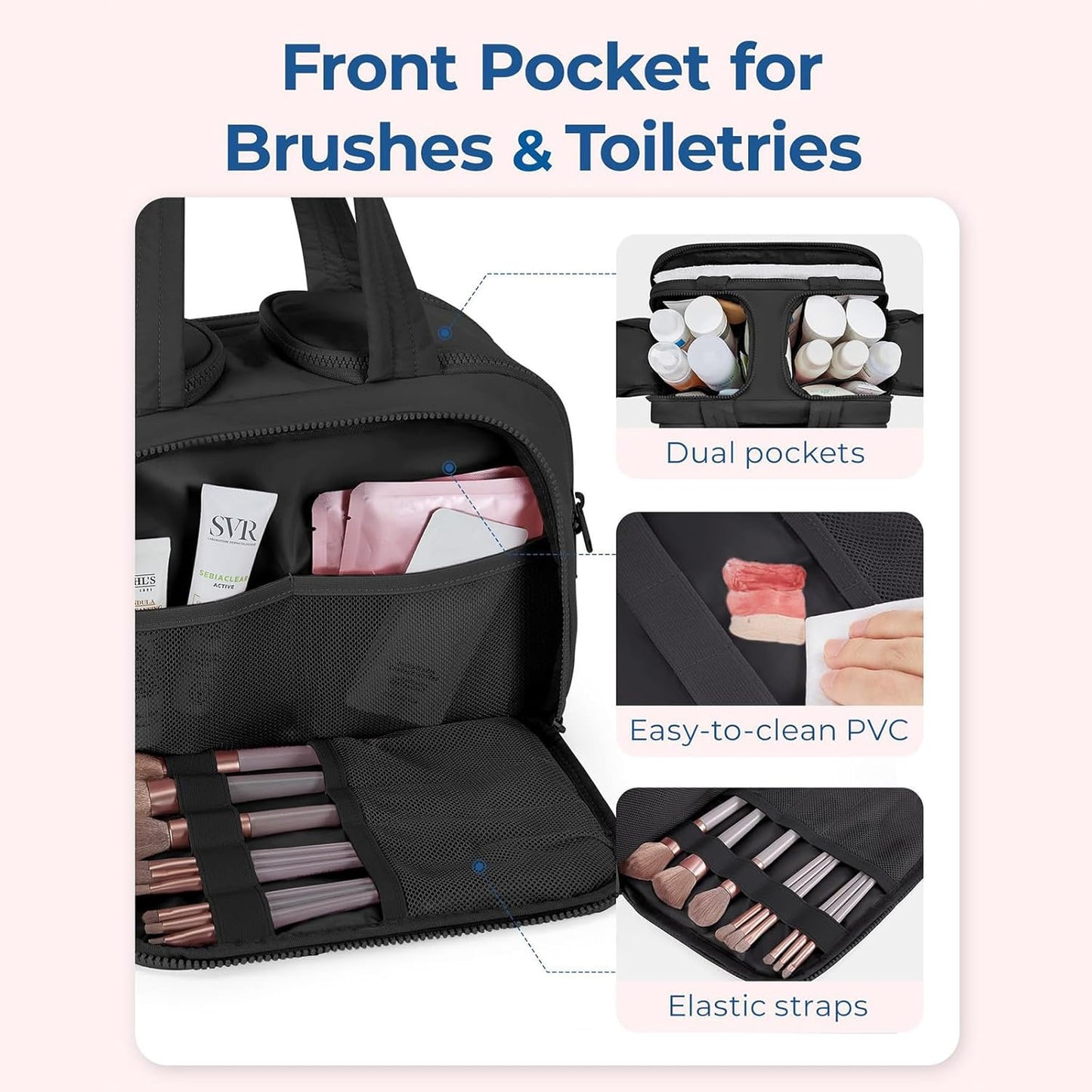 Elouva Toiletry Bag, Elouva Large Capacity Wide-Open Travel Cosmetic Bag, 0.6lb Lightweight Toiletry Bag for Women, Waterproof & Wide Opening Toiletry Organizer for Traveling, Toiletries (Rose)