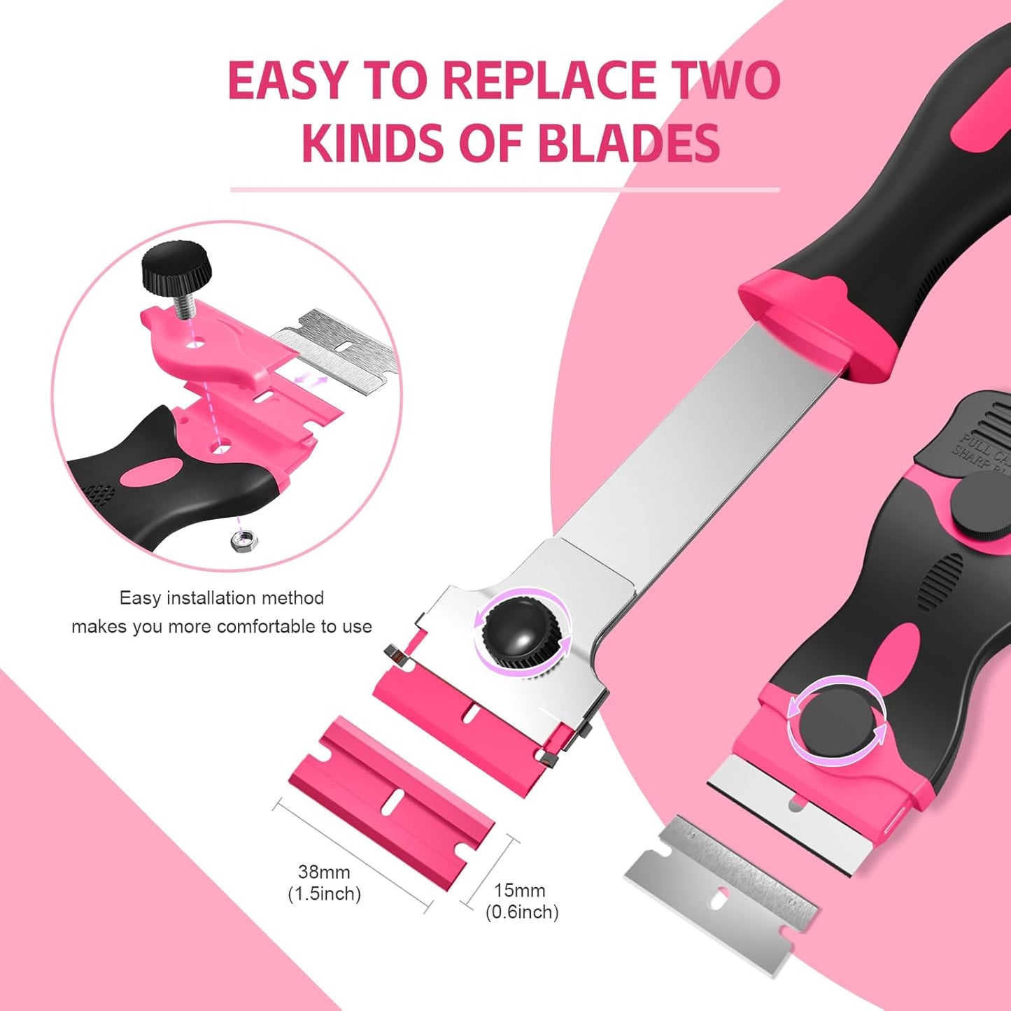 3 Pack Razor Blade Scraper Set, Includes 30 Plastic & 30 Metal Blades, Multi-Purpose Tool for Glass, Cooktop, Sticker Removal, Paint & Gum Cleaning (Pink)