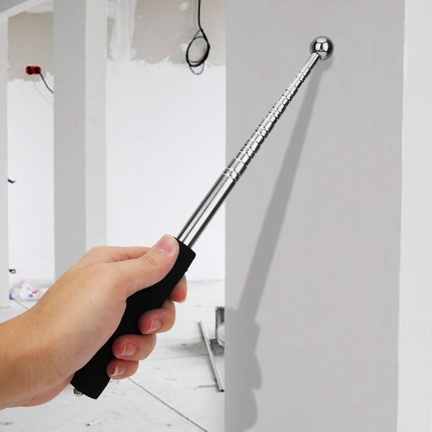 Self Defence Stick Retractable, Adjustable 115cm Thickened Telescopic Rod, Hollowing Drum Detection Hammer, Professional Telescopic Rod Hammer for House Decoration Inspection (Blue)