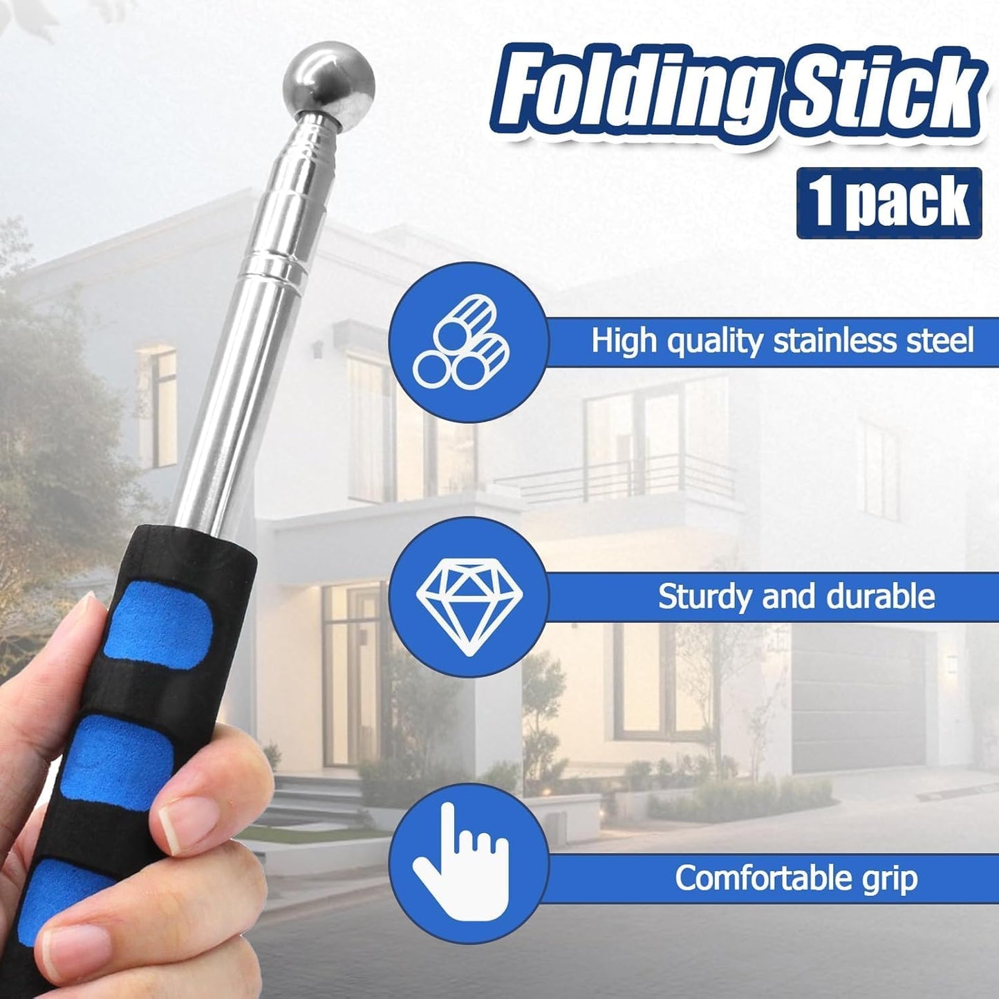Self Defence Stick Retractable, Adjustable 115cm Thickened Telescopic Rod, Hollowing Drum Detection Hammer, Professional Telescopic Rod Hammer for House Decoration Inspection (Blue)