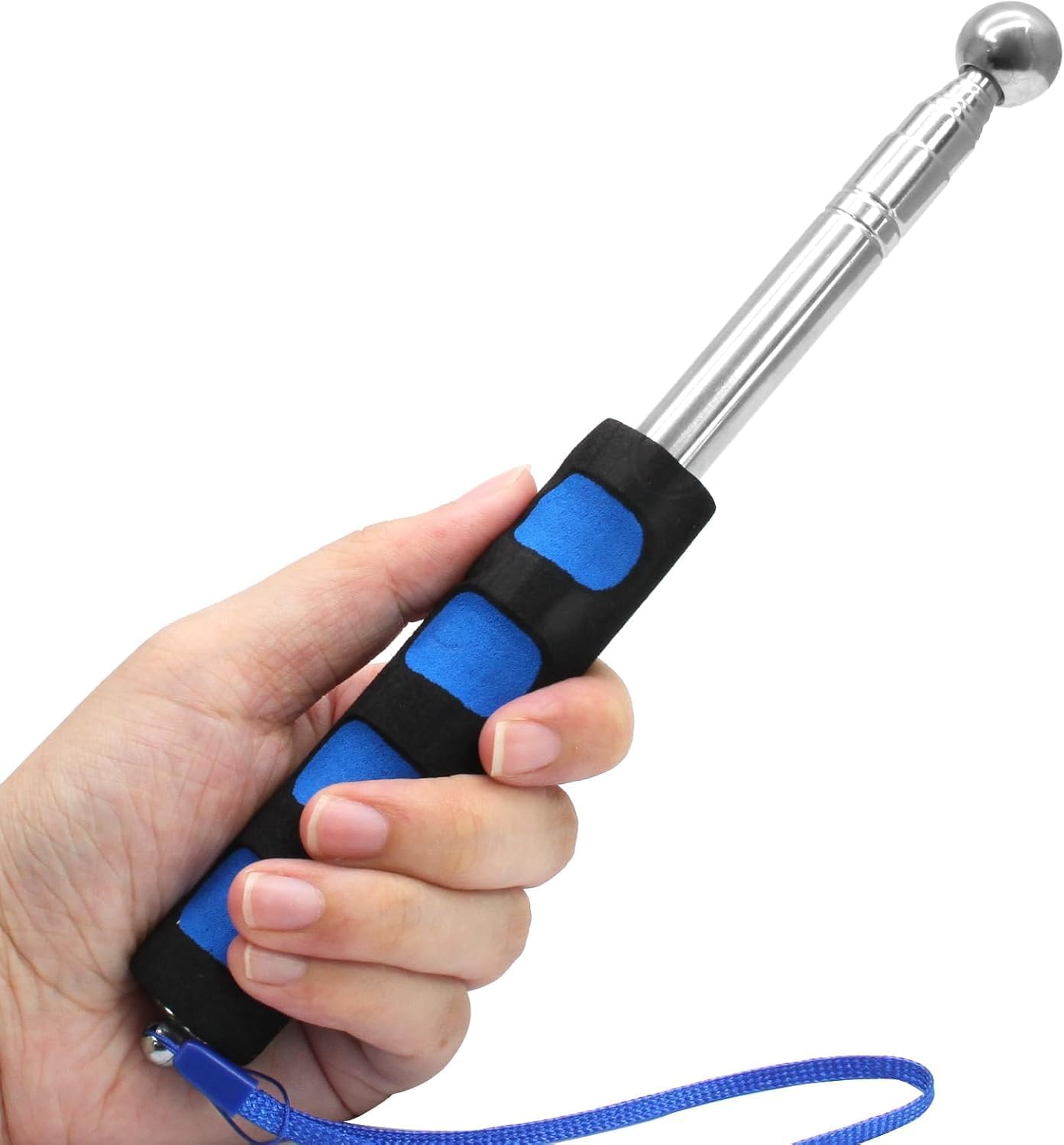 Self Defence Stick Retractable, Adjustable 115cm Thickened Telescopic Rod, Hollowing Drum Detection Hammer, Professional Telescopic Rod Hammer for House Decoration Inspection (Blue)