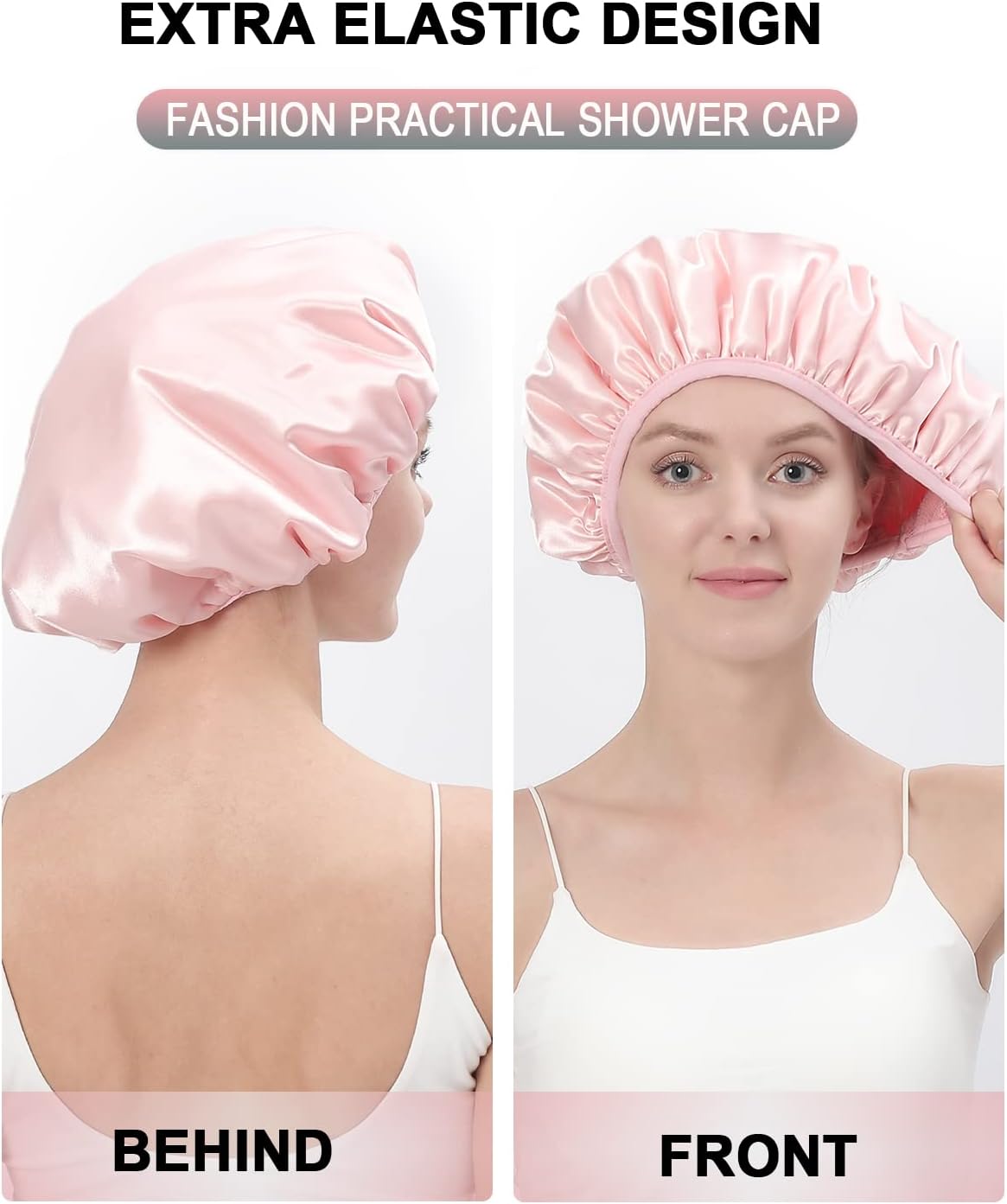 Terry Lined Shower Cap,Triple Layer Large Cap for Women,Shower Cap Reusable Waterproof,Long Thick Hair(Pink)