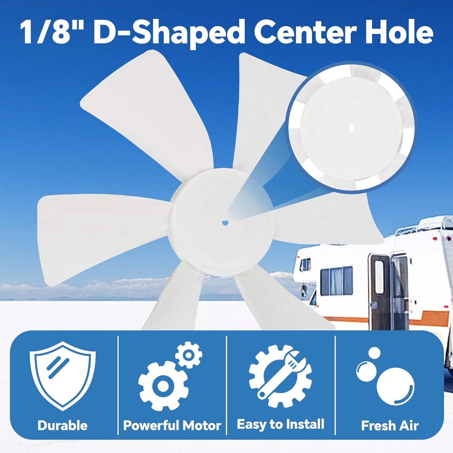 6 Inch RV Vent Fan Blade with 12V D-Shaft RV Vent Motor, White RV Bathroom Vent Fan Replacement, for RV, Camper, Range Hood, Compatible with Heng's, Elixir, Ventline, Jensen RV