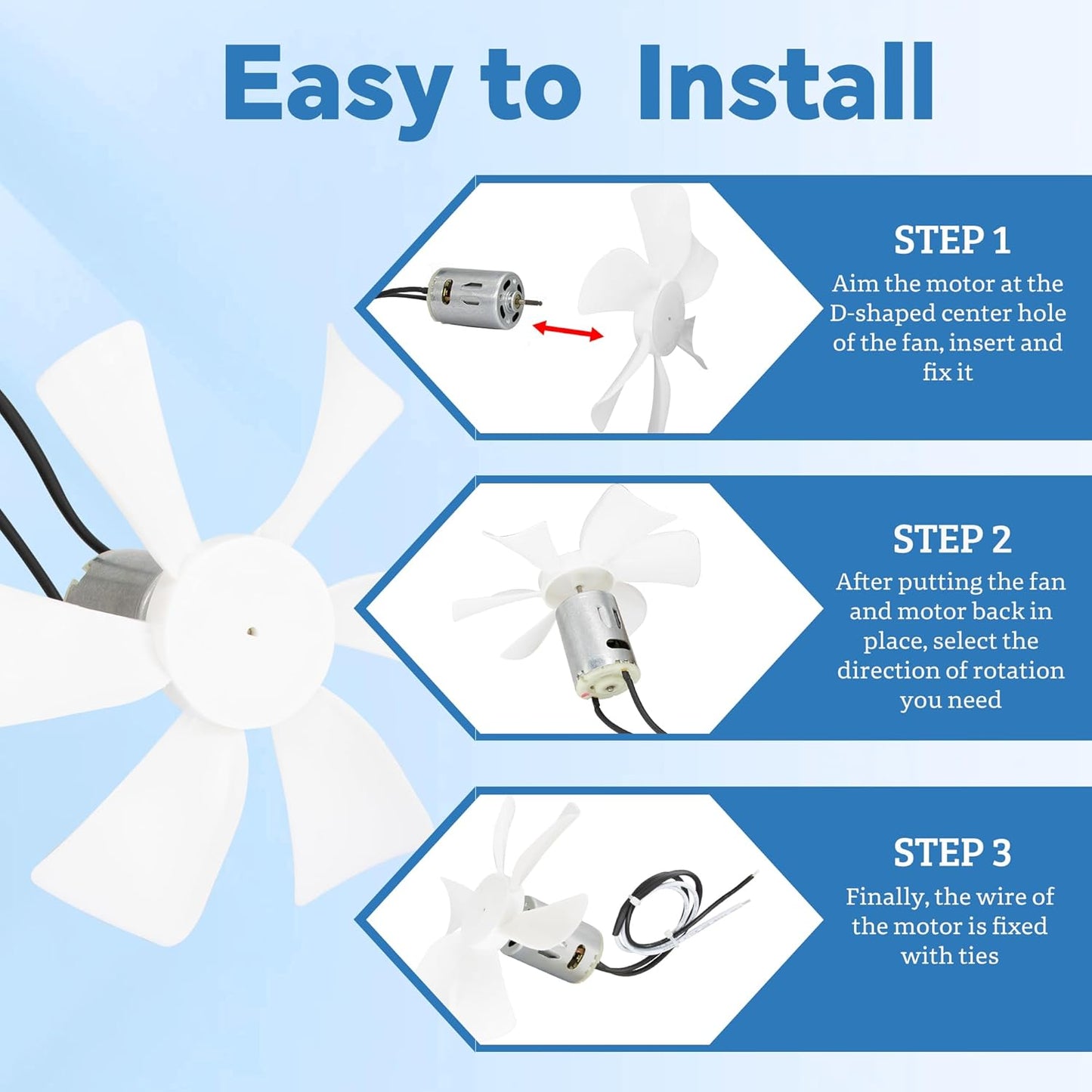 6 Inch RV Vent Fan Blade with 12V D-Shaft RV Vent Motor, White RV Bathroom Vent Fan Replacement, for RV, Camper, Range Hood, Compatible with Heng's, Elixir, Ventline, Jensen RV
