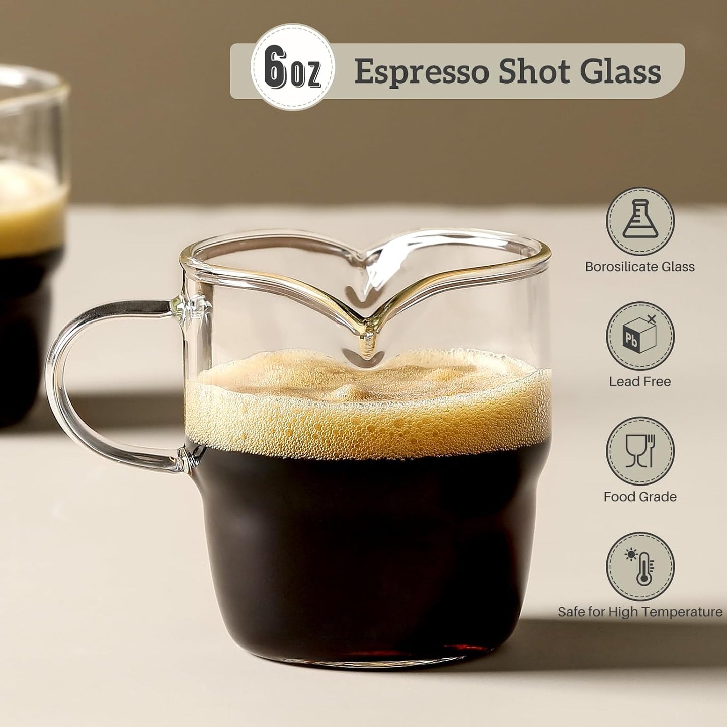 6 OZ Espresso Cups Set of 2, Double Spouts Stackable Cups, Shots Glass Mugs with Handle, Machine Accessories for Coffee Bar, Cute Clear Glasses Gift -