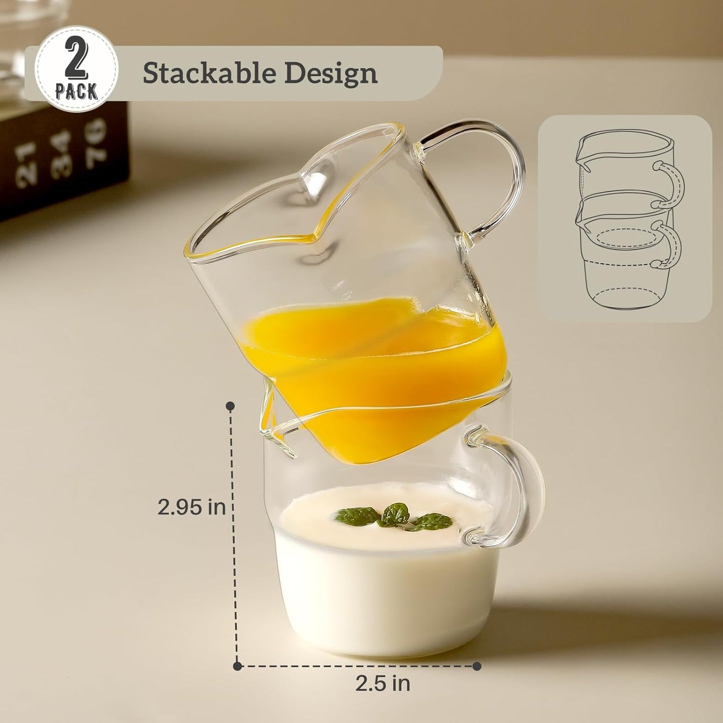 6 OZ Espresso Cups Set of 2, Double Spouts Stackable Cups, Shots Glass Mugs with Handle, Machine Accessories for Coffee Bar, Cute Clear Glasses Gift -
