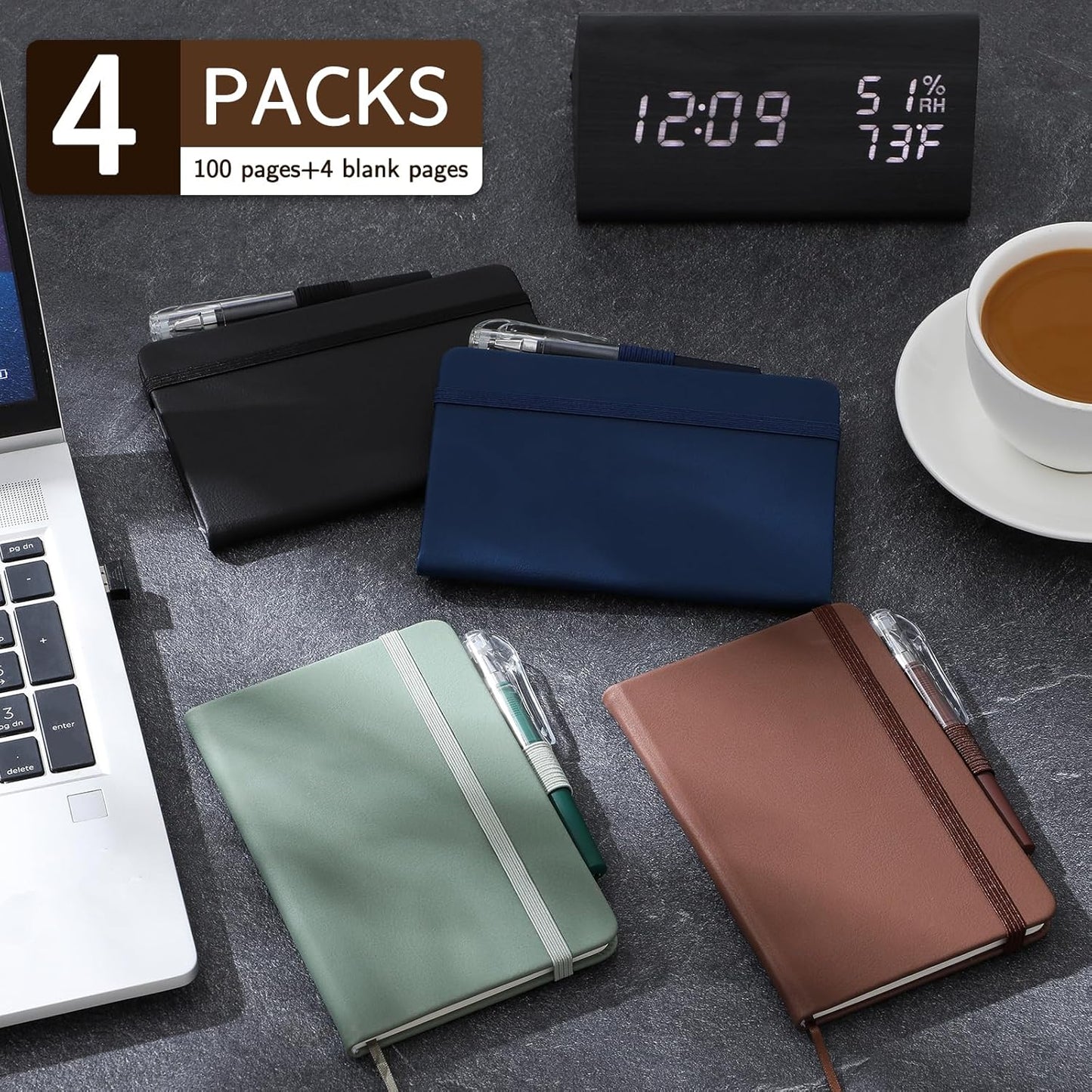 4 Pack Small Notebook Pocket Notebook, A6 Mini Leather Hardcover Journal, 3.7" X 5.7", 416 Pages Note Pads, Black, Green, Brown, Blue Blue, Grown -