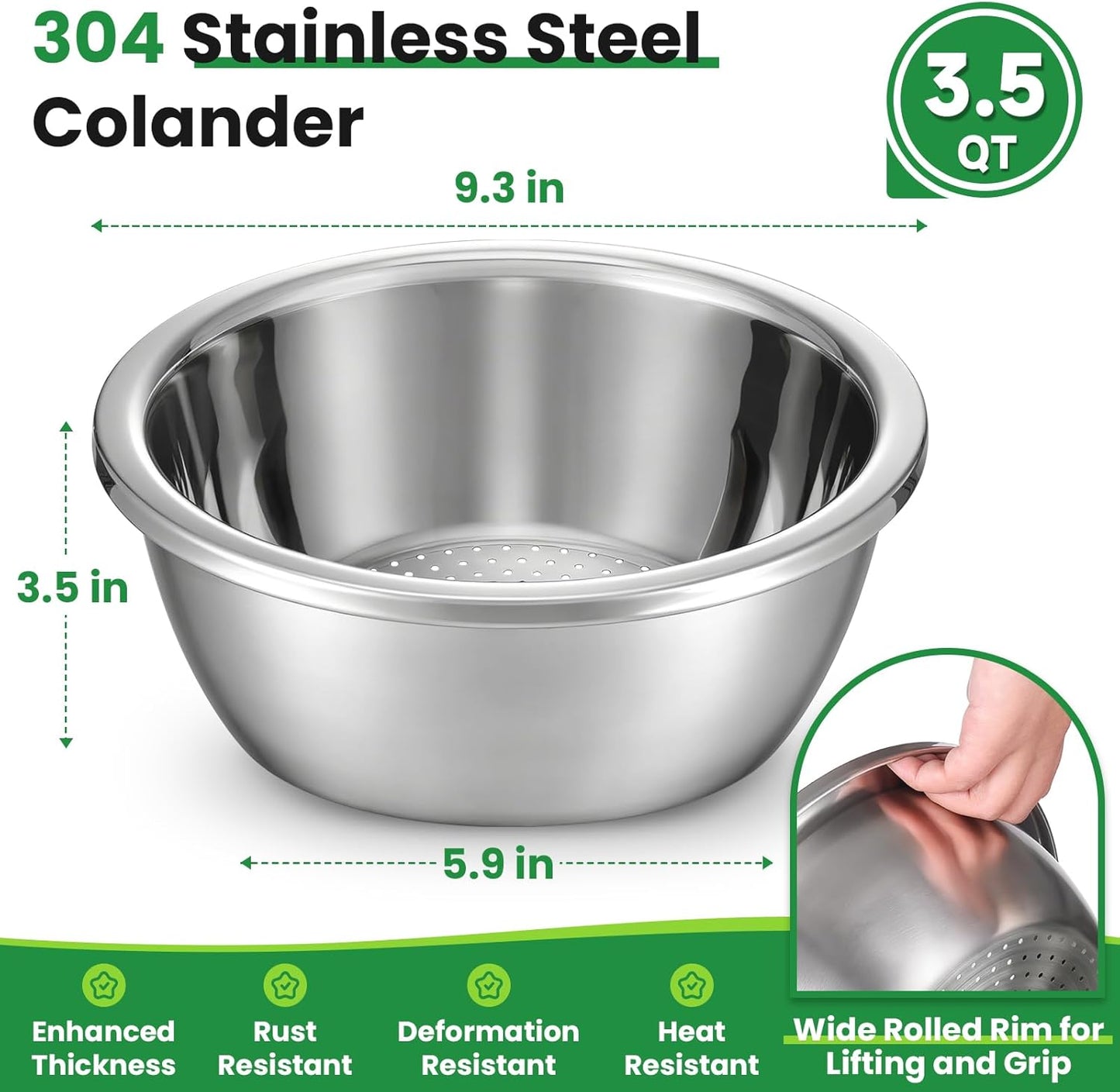 Hands-Free 304 Stainless Steel Strainer and Colander with Self-Draining Base, Kitchen Microporous Strainers for Rice Pasta Fruits Vegetables -
