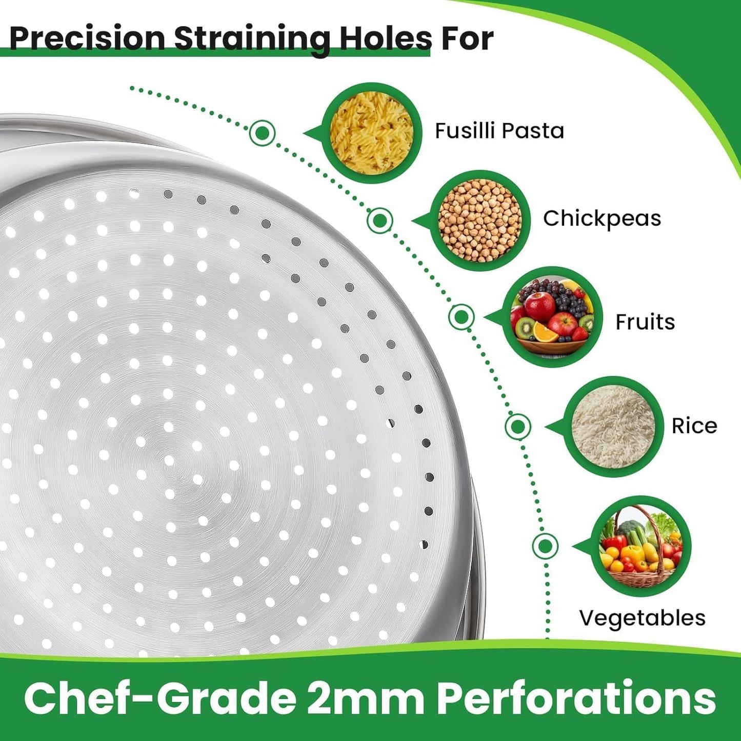 Hands-Free 304 Stainless Steel Strainer and Colander with Self-Draining Base, Kitchen Microporous Strainers for Rice Pasta Fruits Vegetables -