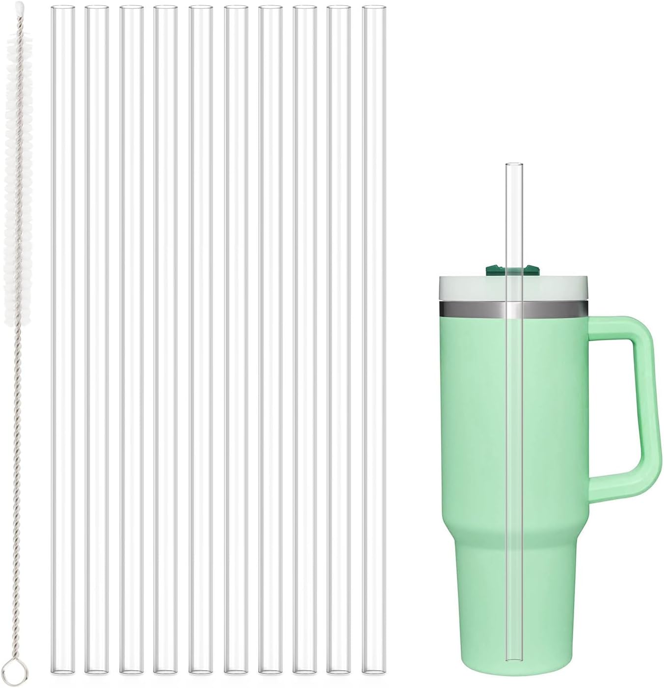 10 Pcs Replacement Straws Compatible with Stanley 30 oz Cup Tumbler, Reusable Plastic Cleaning Brush for Adventure Travel Tumbler（10.4inch Long） -