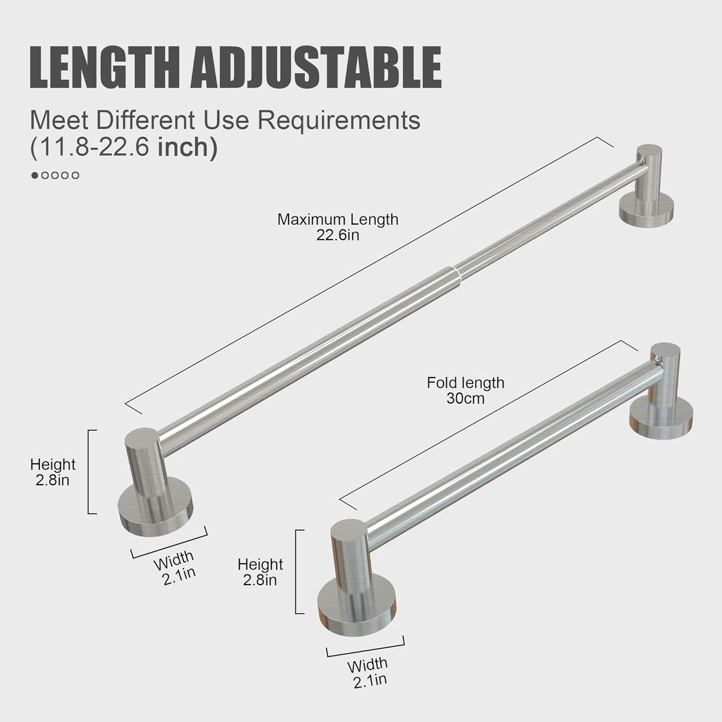 Towel Bar - Adjustable 304 Stainless Steel Holder for Bathroom (11.8inch-22.6inch) Sturdy and Rustproof Wall Mounted Rack Accessories, Silver… Silver