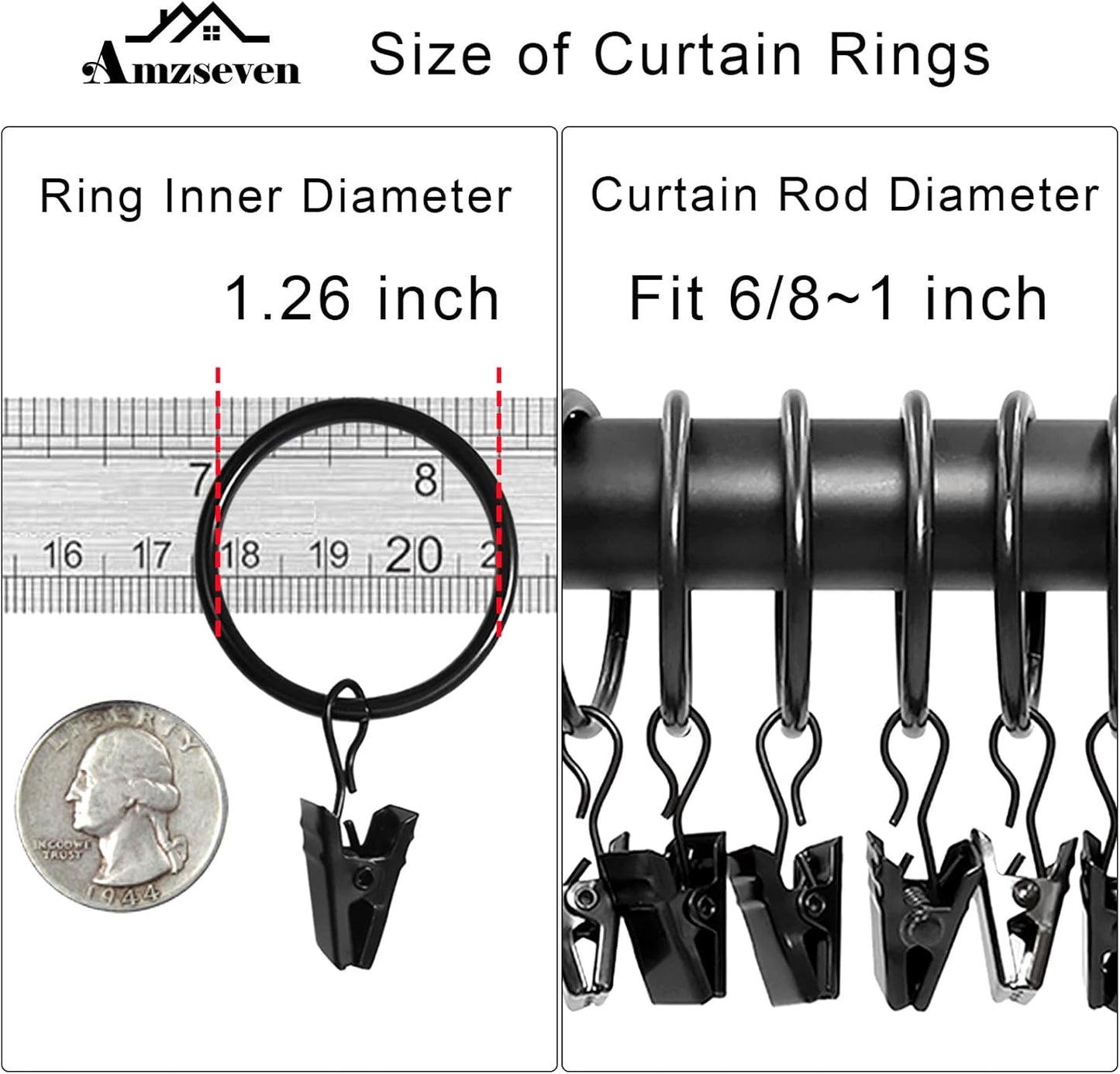 40 Pack Curtain Rings with Clips, Drapery Clips Rings, Drapes 1.26 in Interior Diameter, Fits up to 1 Rod, Black 1.26" I D