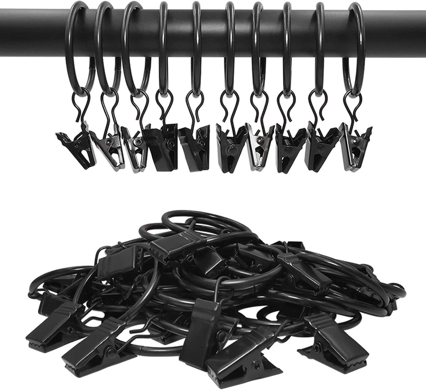 40 Pack Curtain Rings with Clips, Drapery Clips Rings, Drapes 1.26 in Interior Diameter, Fits up to 1 Rod, Black 1.26" I D